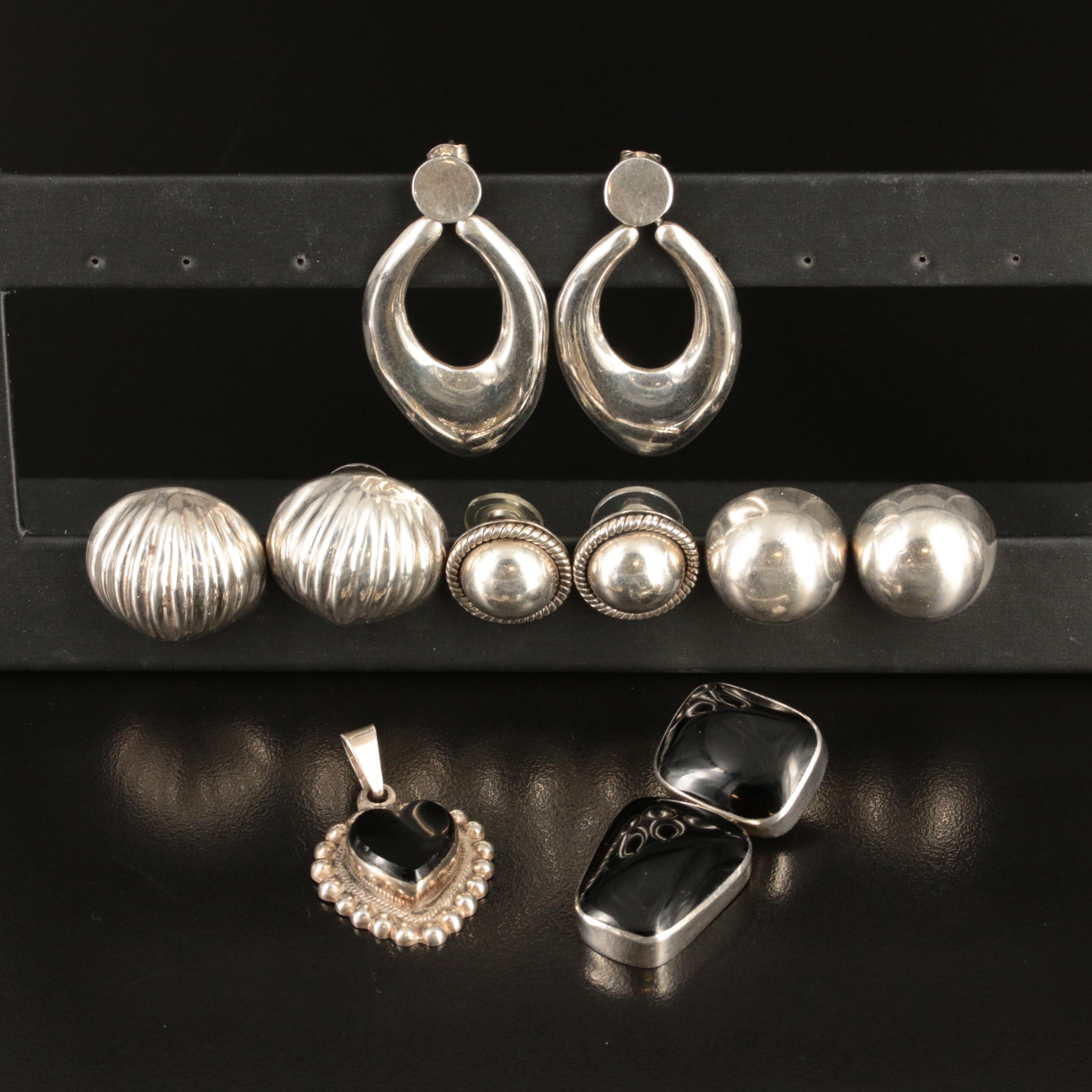 Mexican Sterling Obsidian Pendants with Sterling Earrings