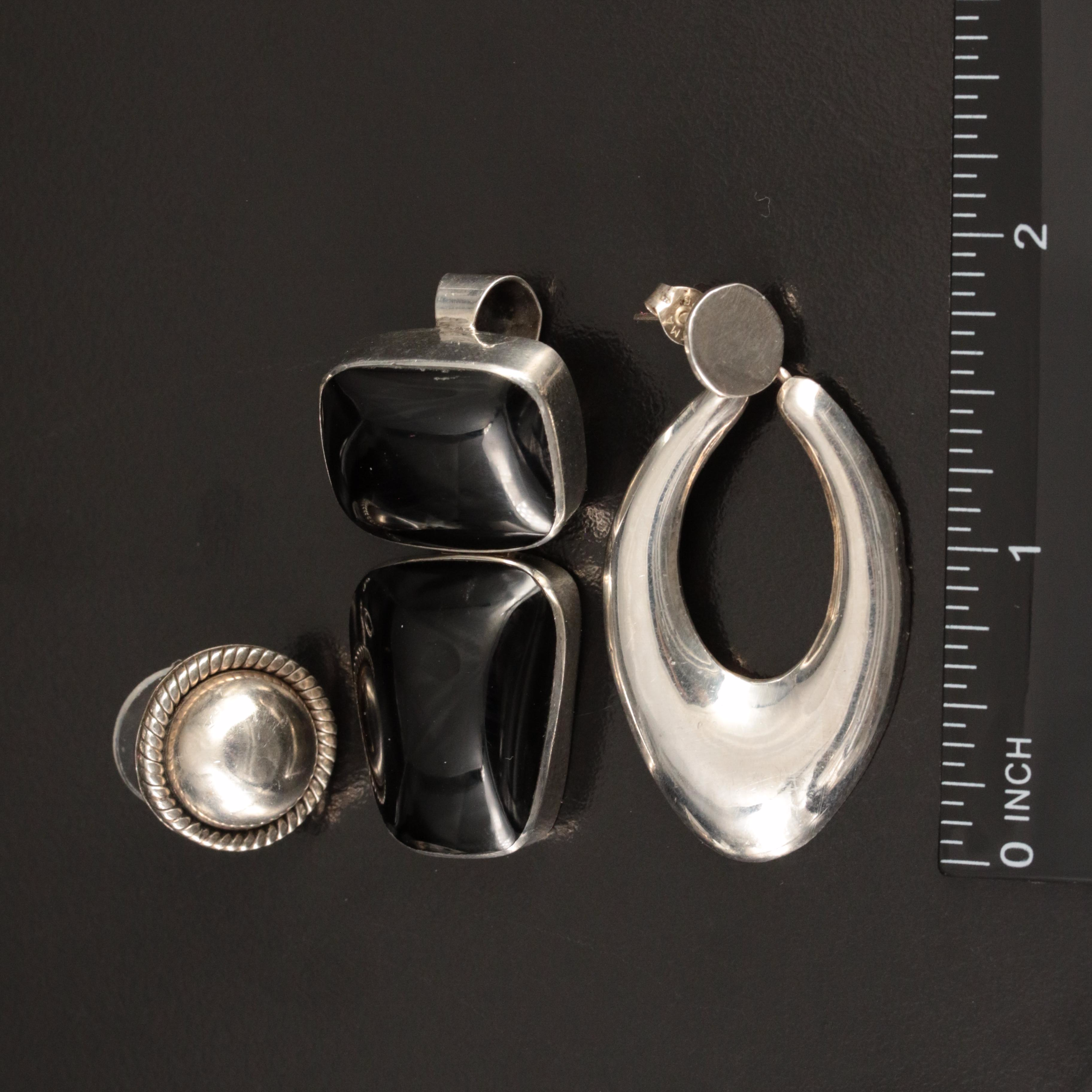 Mexican Sterling Obsidian Pendants with Sterling Earrings