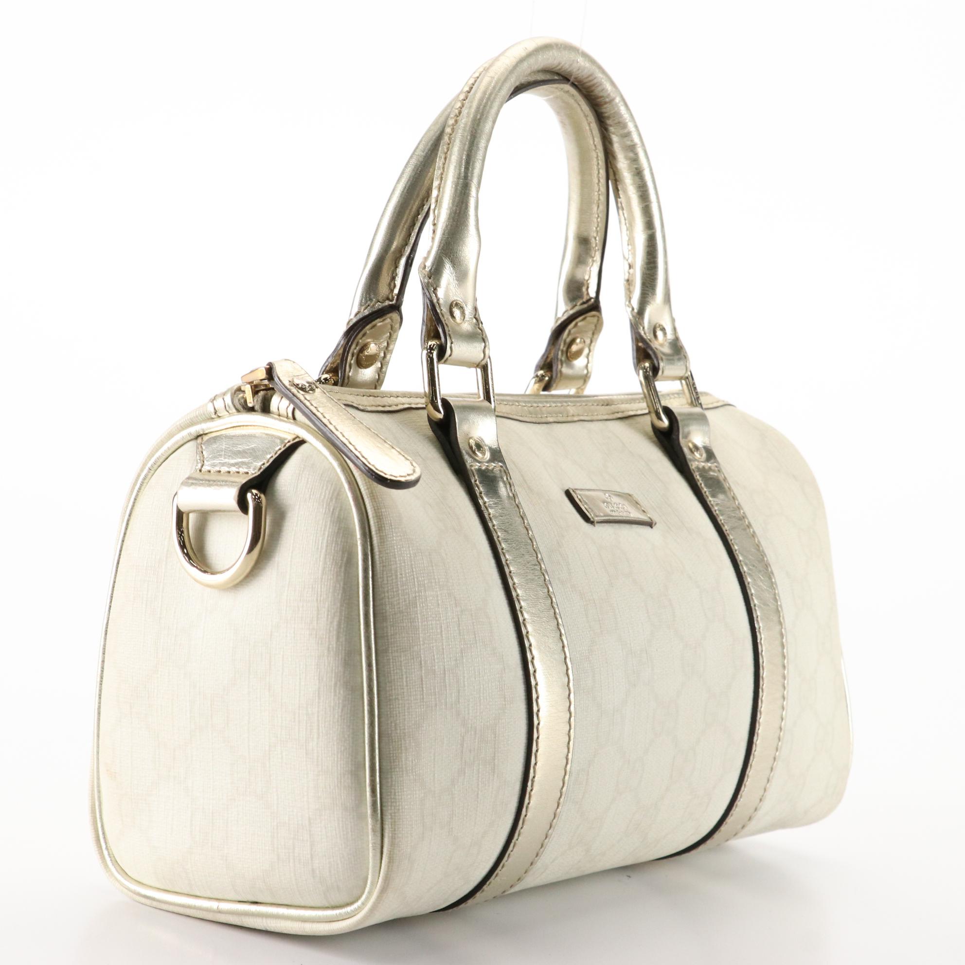 Gucci Small Joy Boston Bag in Supreme GG Canvas and Silver Metallic Leather