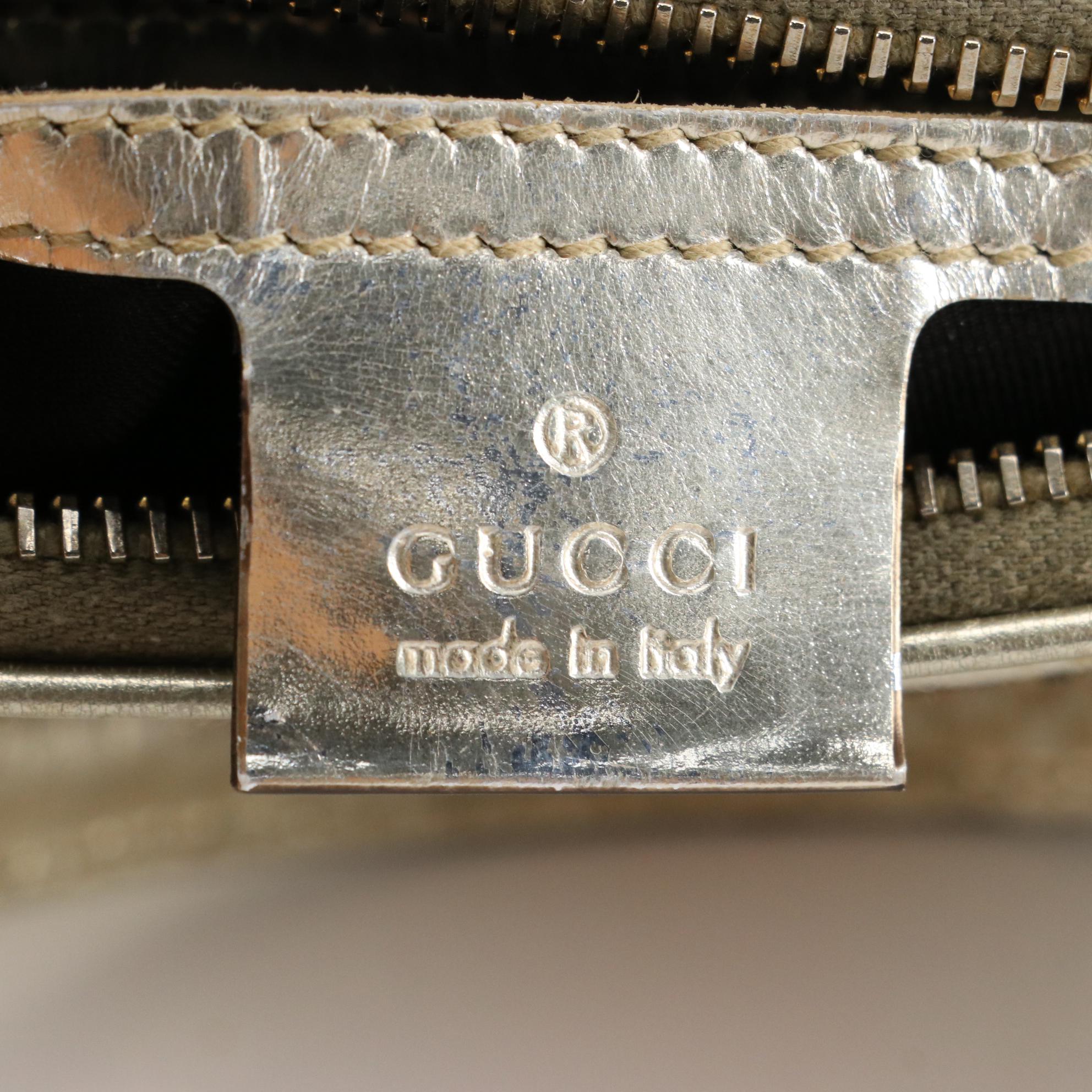 Gucci Small Joy Boston Bag in Supreme GG Canvas and Silver Metallic Leather