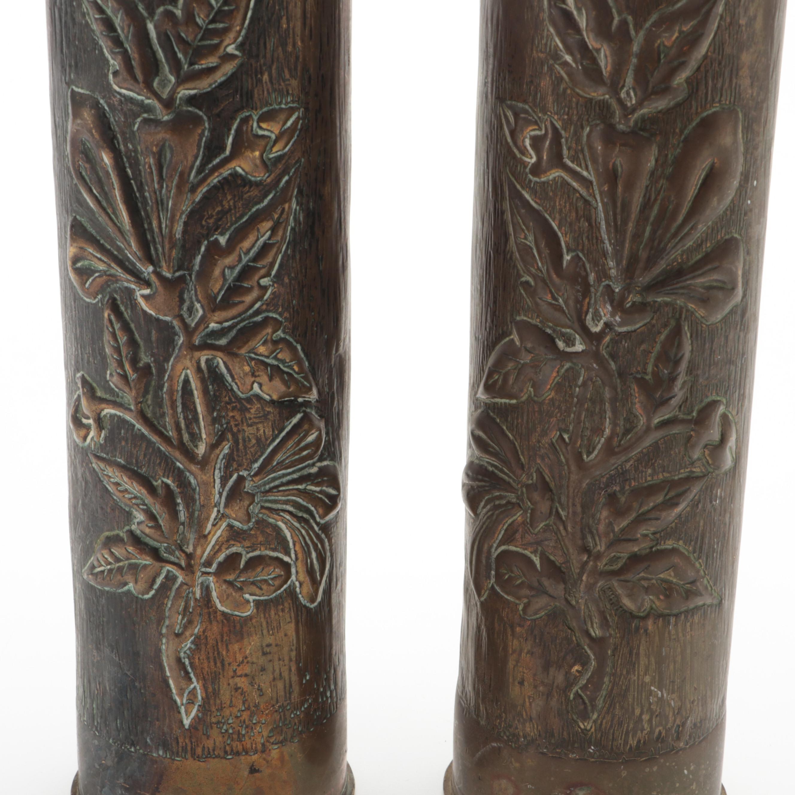 WWI Trench Art Brass Remington UMC 75mm Case Vases, Early 20th Century