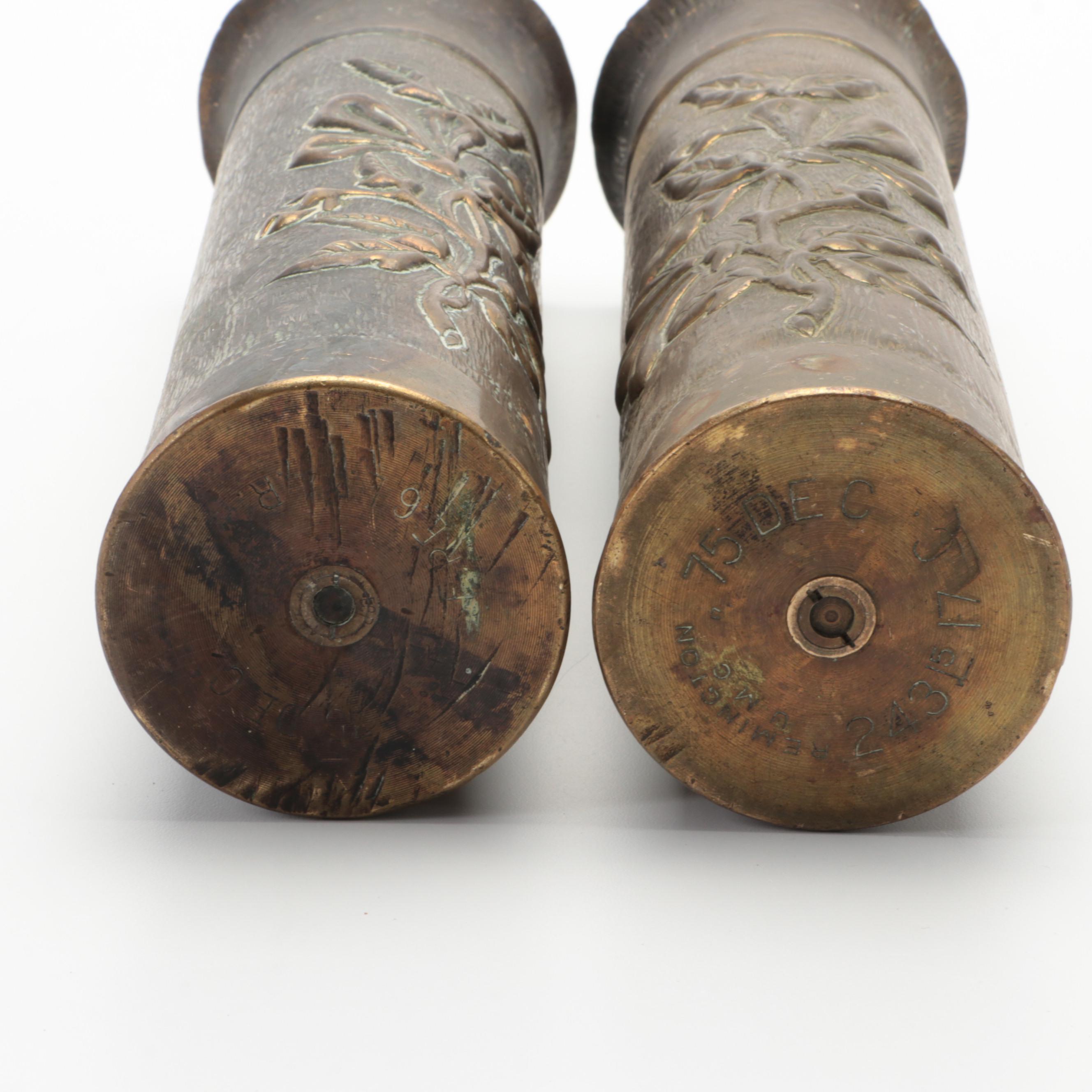 WWI Trench Art Brass Remington UMC 75mm Case Vases, Early 20th Century