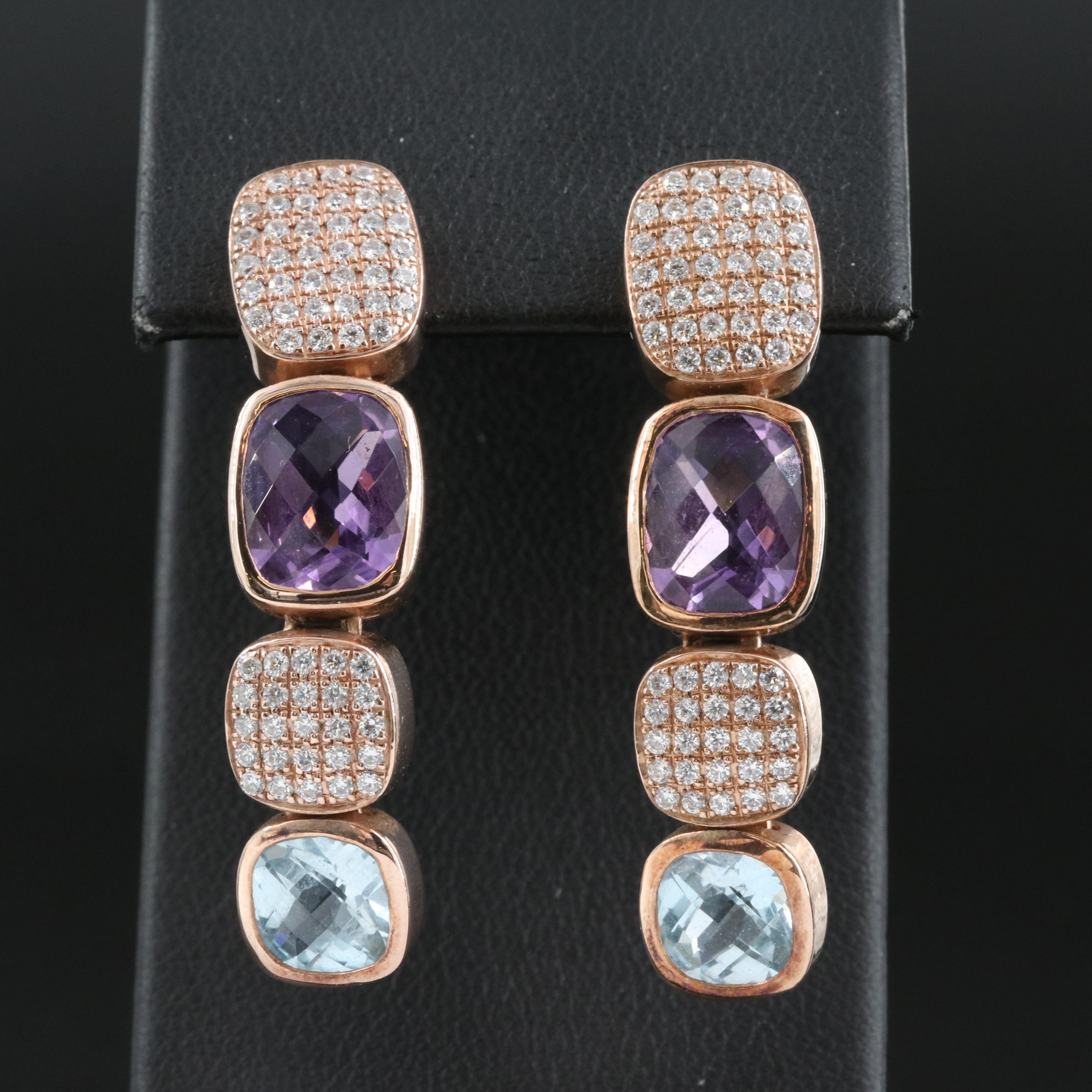 Sara K Sterling Amethyst, Topaz and Cubic Zirconia Earrings with 14K Clutch Back