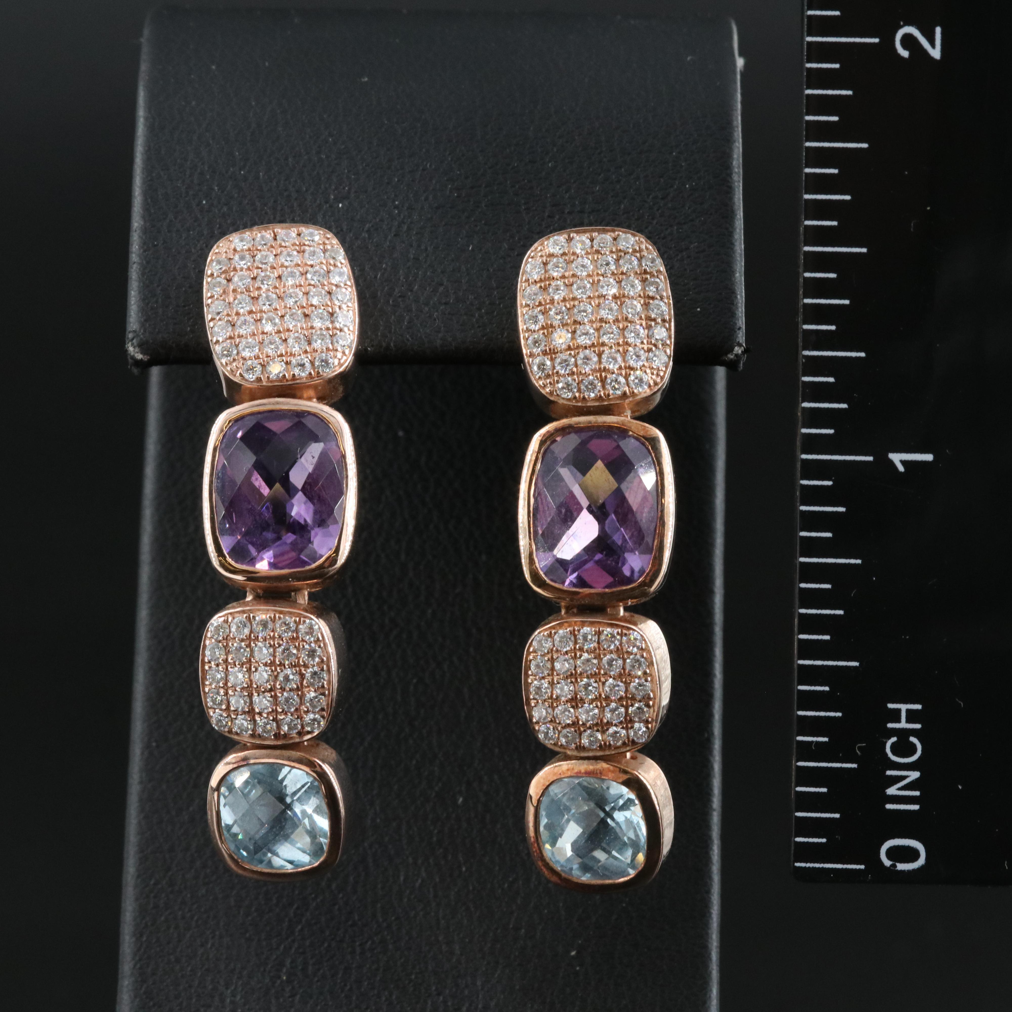 Sara K Sterling Amethyst, Topaz and Cubic Zirconia Earrings with 14K Clutch Back