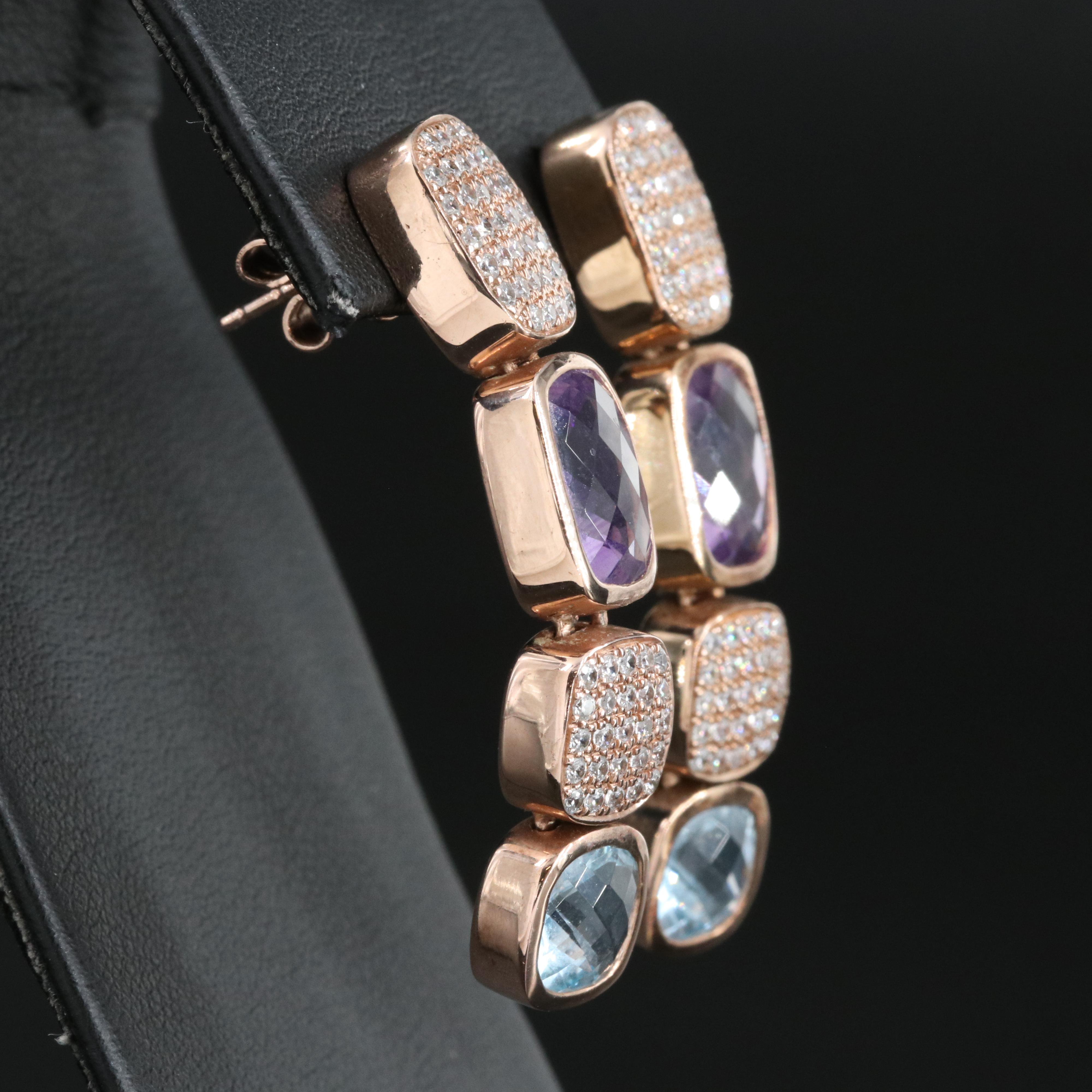 Sara K Sterling Amethyst, Topaz and Cubic Zirconia Earrings with 14K Clutch Back