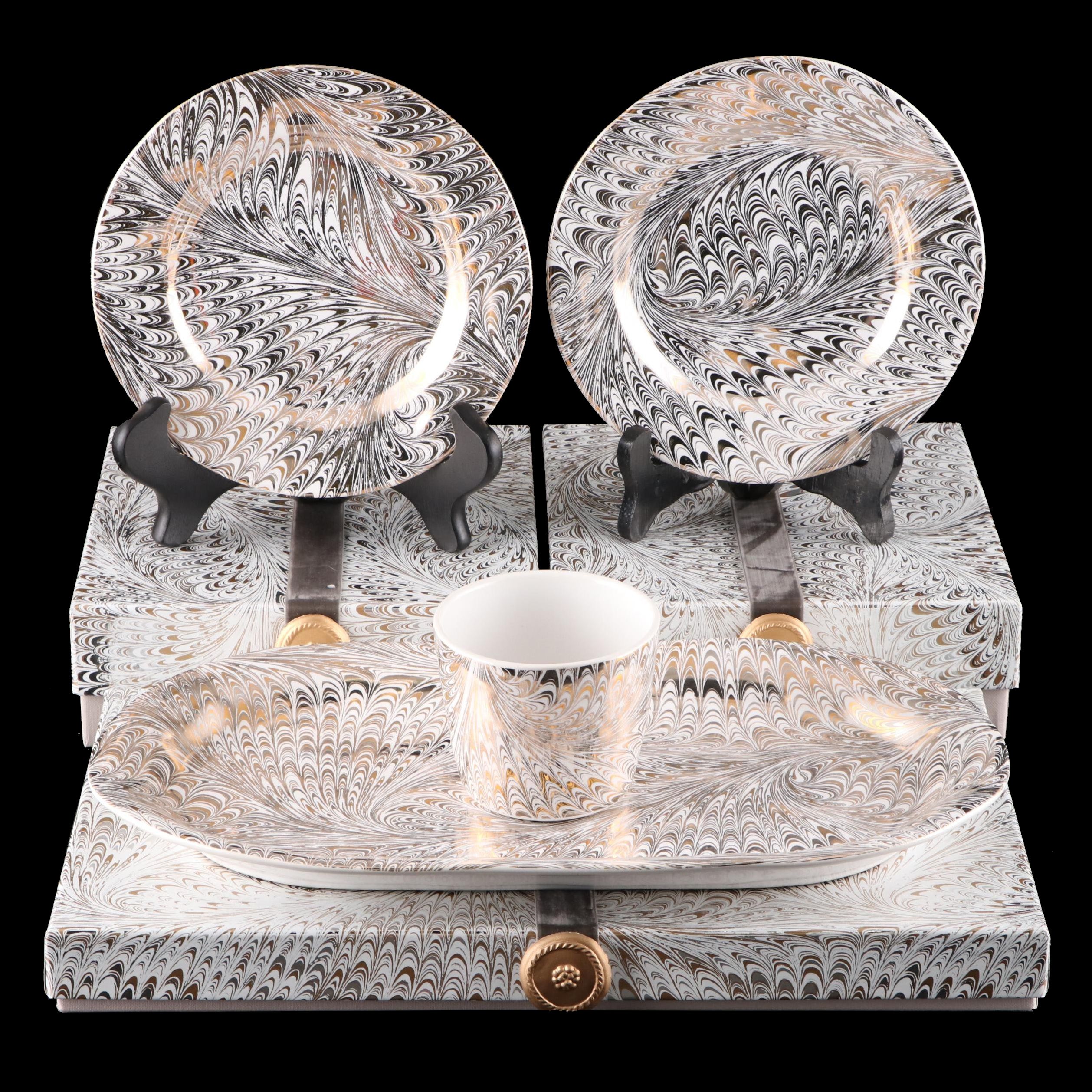 Juliska "Firenze" Marbleized Gold and Platinum Ceramic Serveware