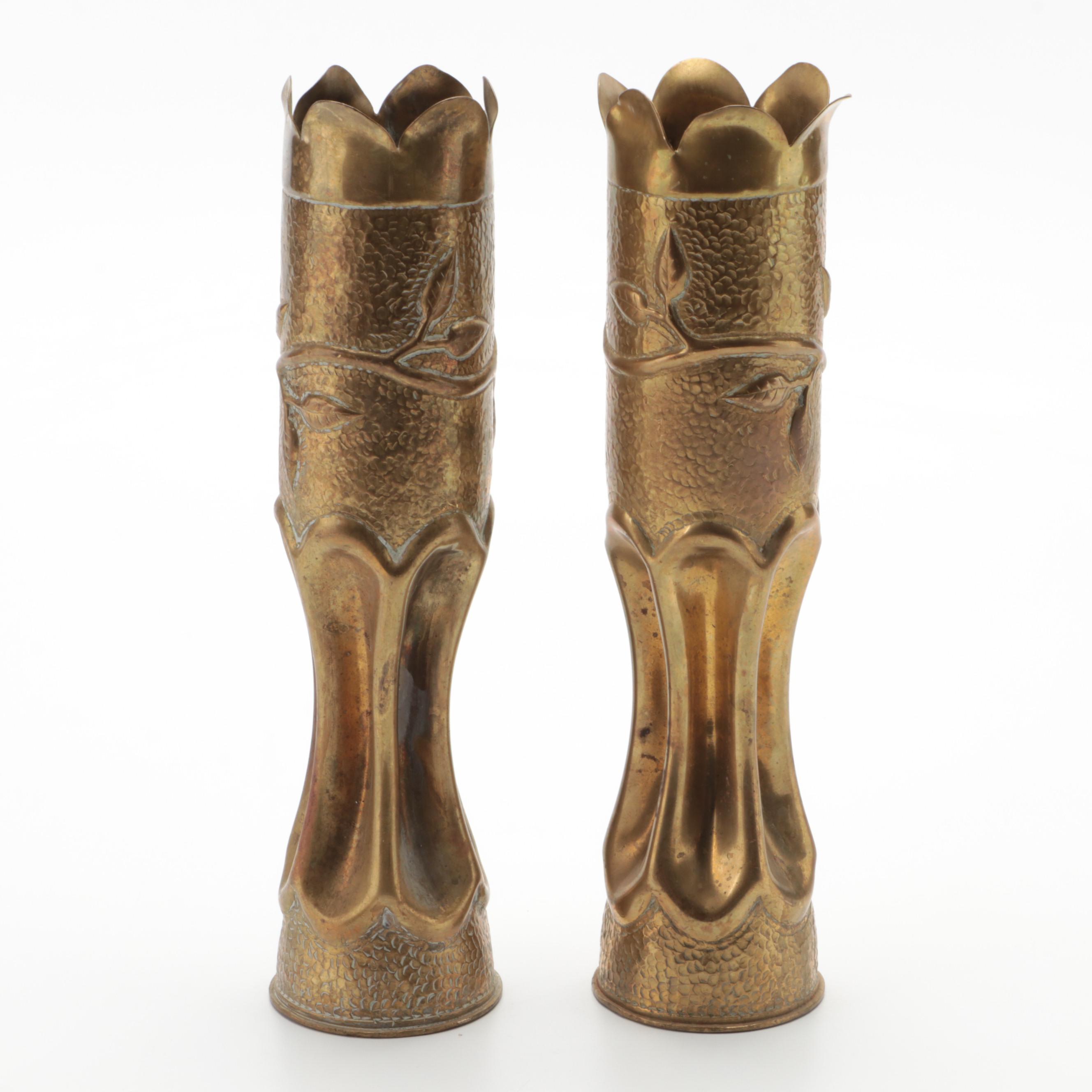 WWI Trench Art Brass 75mm Case Vases, Early 20th Century