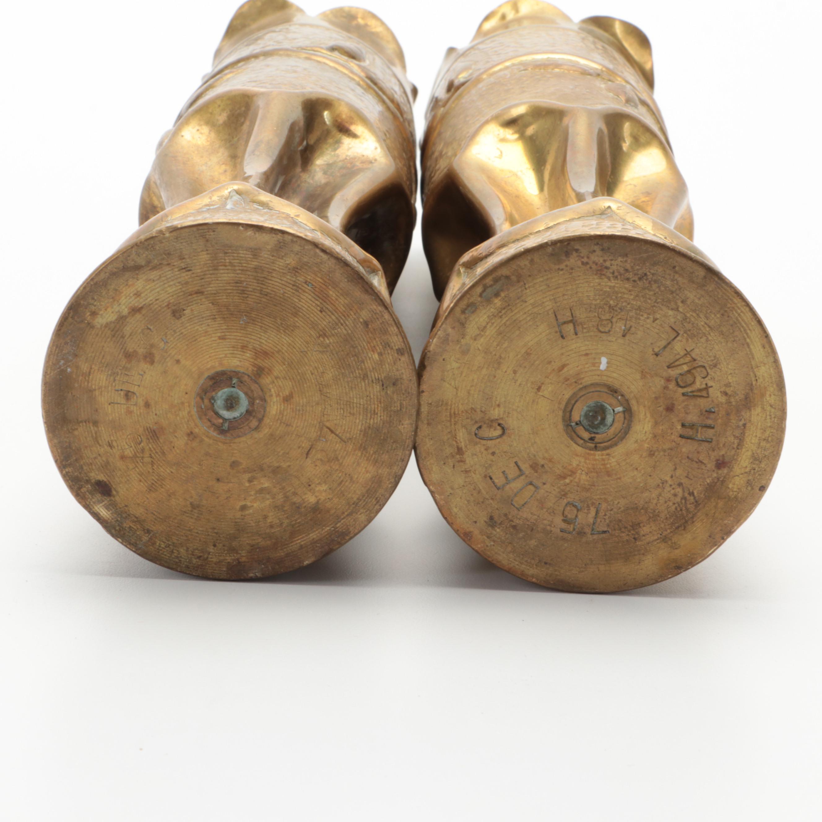 WWI Trench Art Brass 75mm Case Vases, Early 20th Century