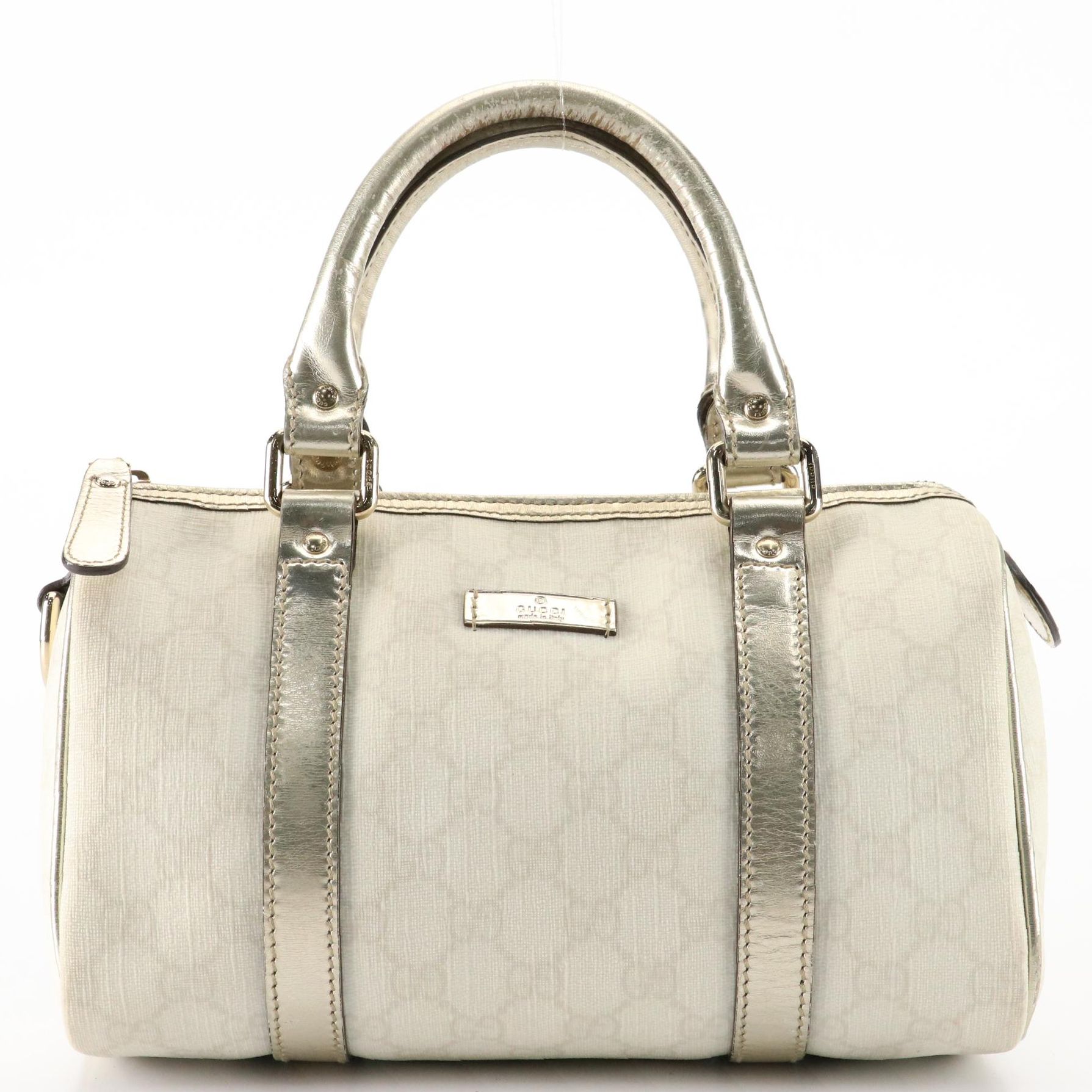 Gucci Small Joy Boston Bag in Supreme GG Canvas and Silver Metallic Leather