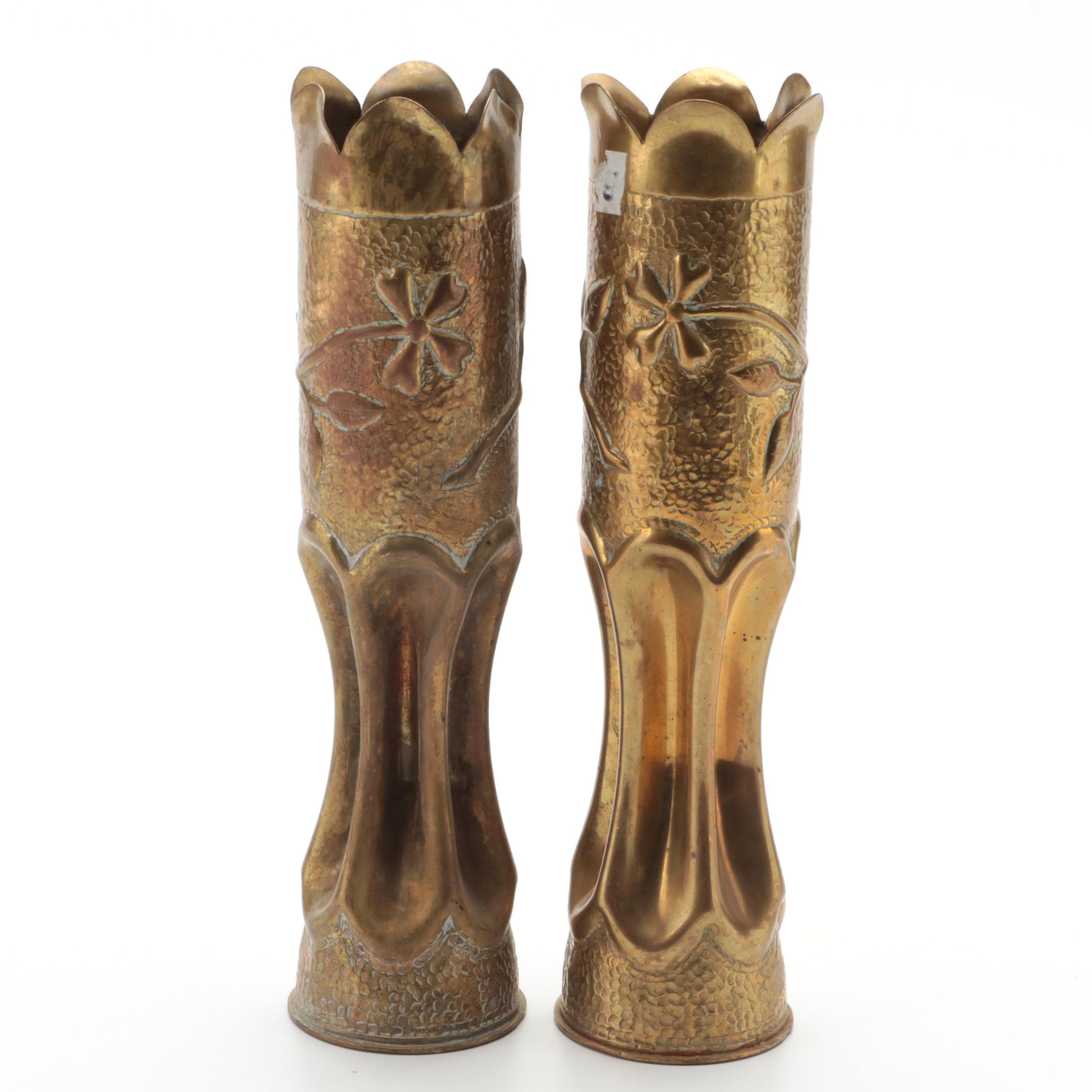 WWI Trench Art Brass 75mm Case Vases, Early 20th Century
