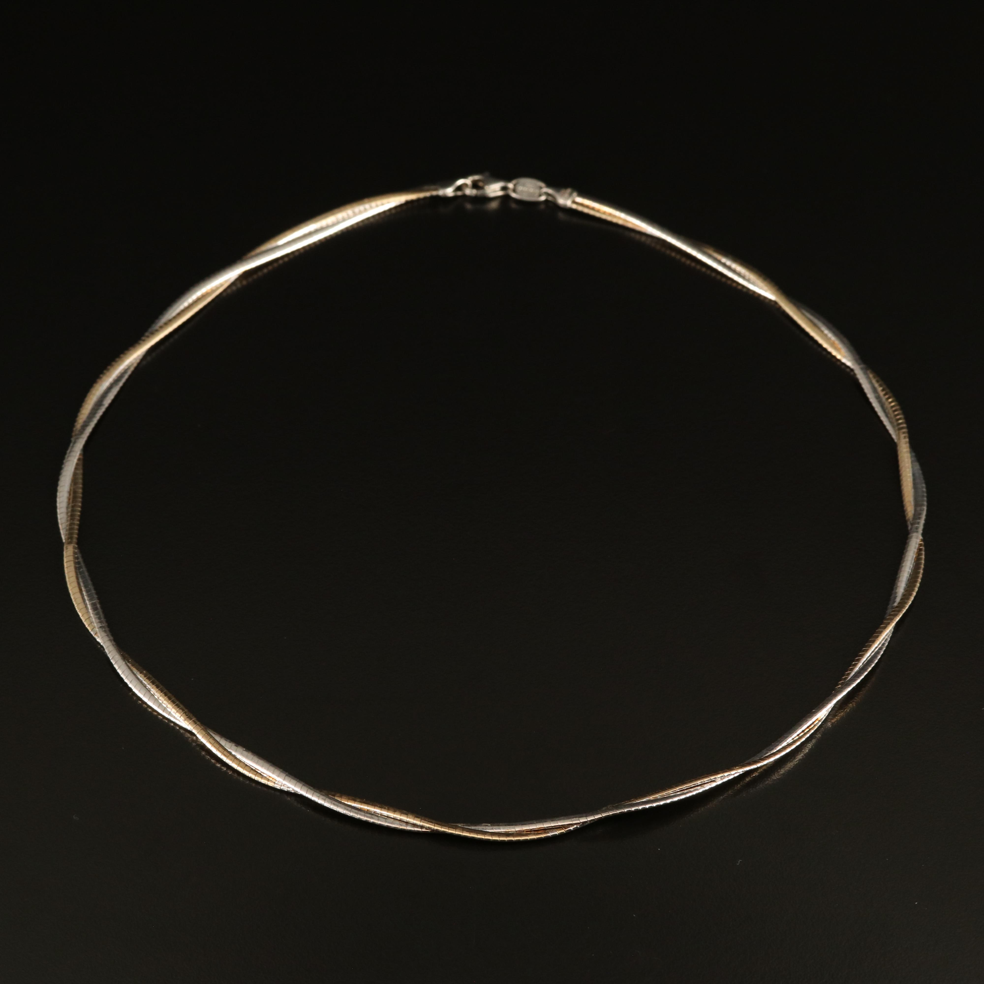 Sterling Two-Tone Braided Omega Chain Necklace