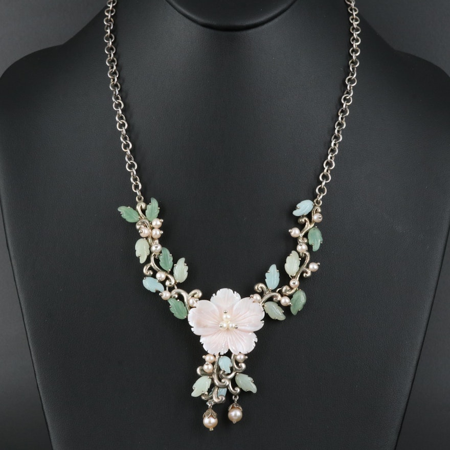 Sterling Floral Necklace Including Mother-of-Pearl, Pearl and Aventurine