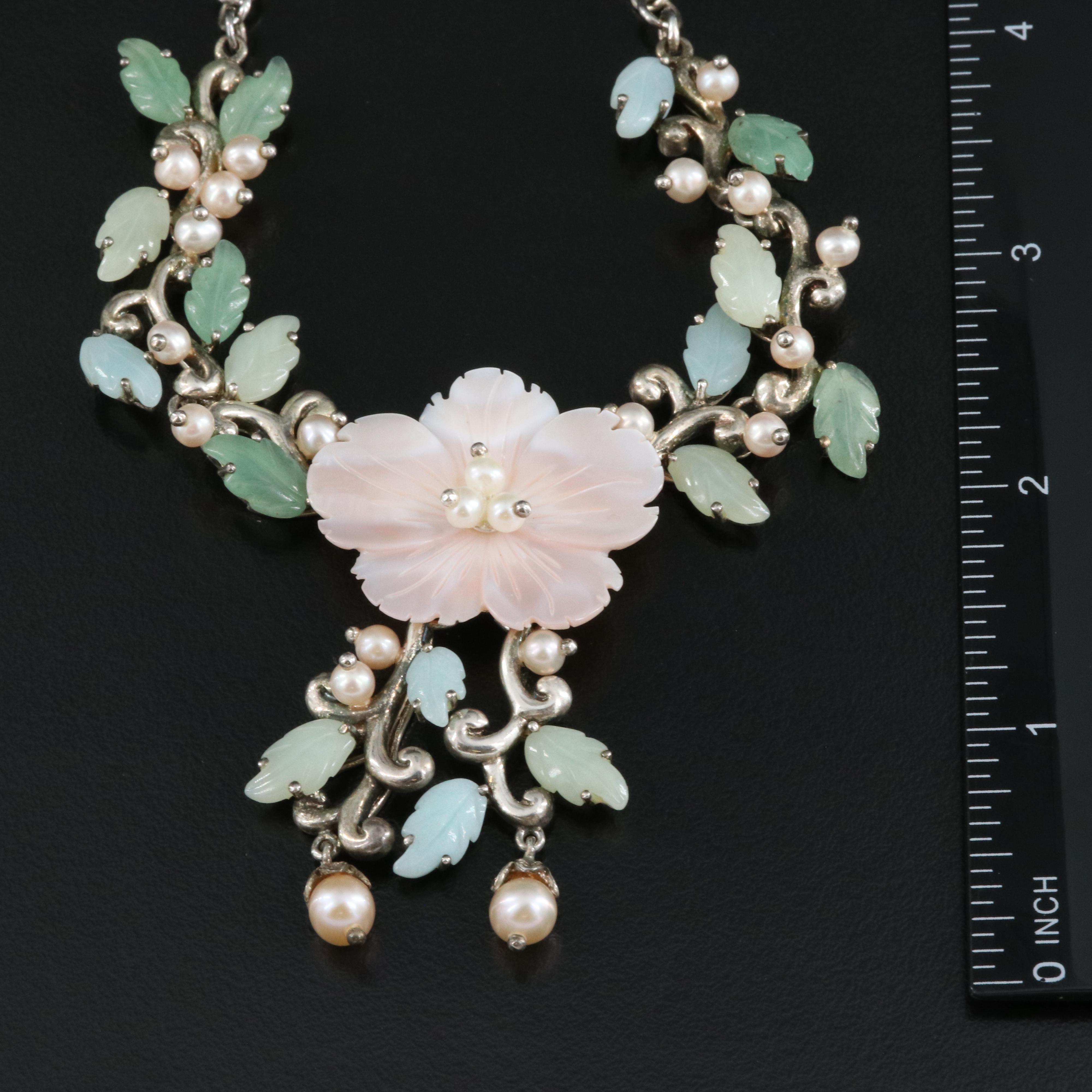 Sterling Floral Necklace Including Mother-of-Pearl, Pearl and Aventurine