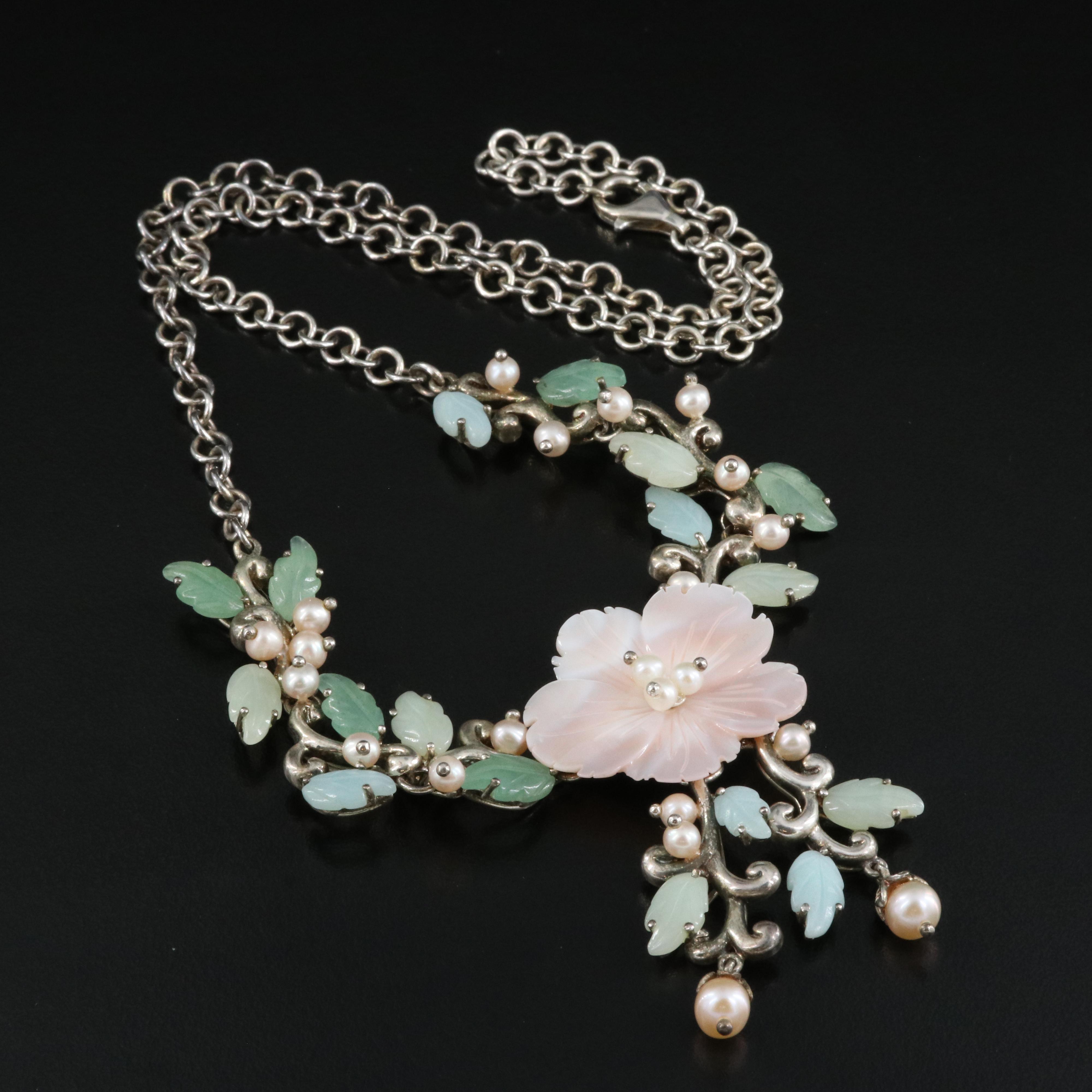 Sterling Floral Necklace Including Mother-of-Pearl, Pearl and Aventurine