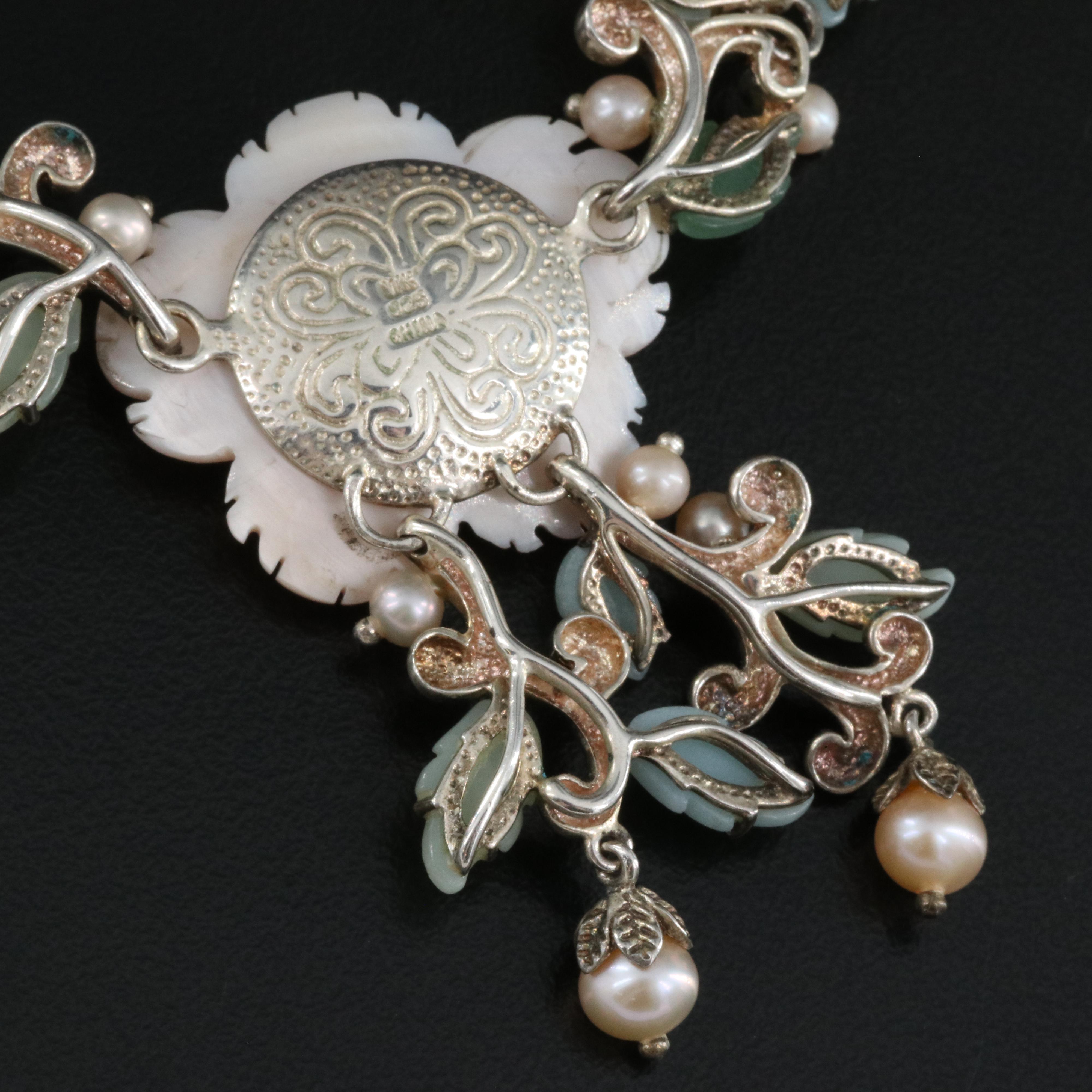 Sterling Floral Necklace Including Mother-of-Pearl, Pearl and Aventurine