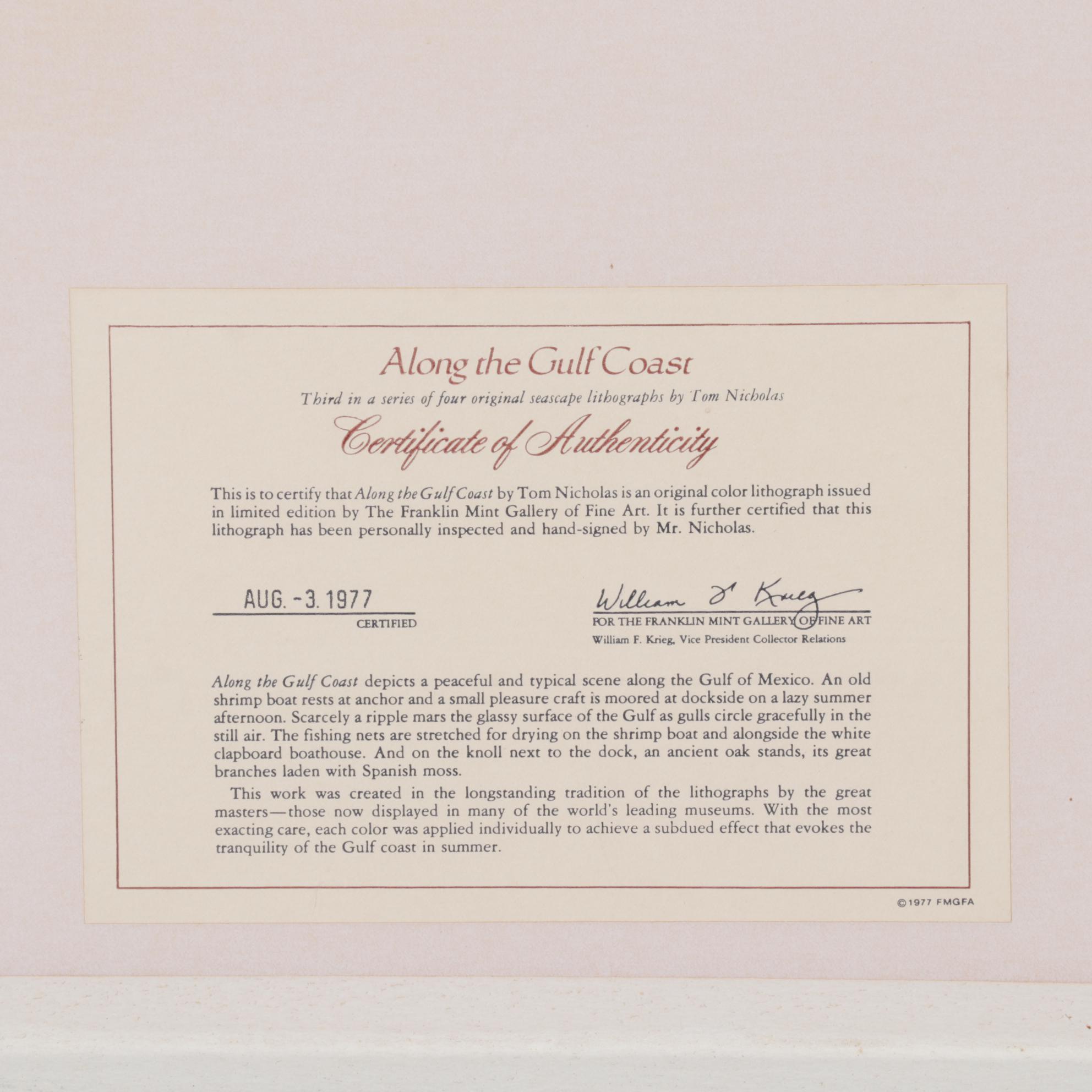 Tom Nicholas Color Lithograph "Along the Gulf Coast" and "Winter Beach," 1977