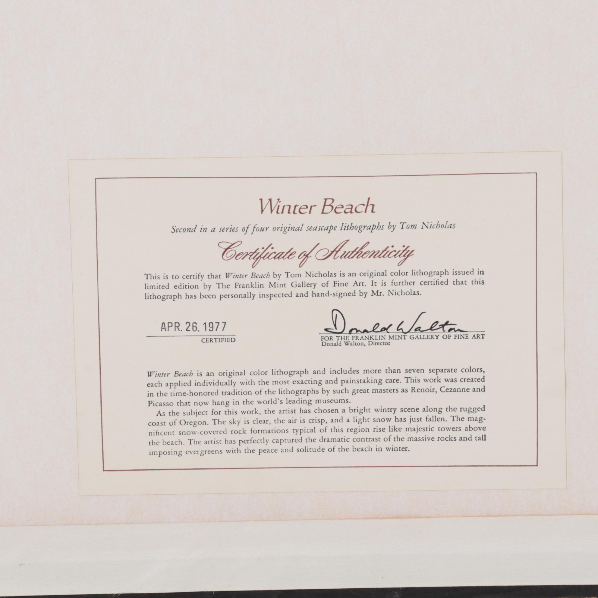 Tom Nicholas Color Lithograph "Along the Gulf Coast" and "Winter Beach," 1977