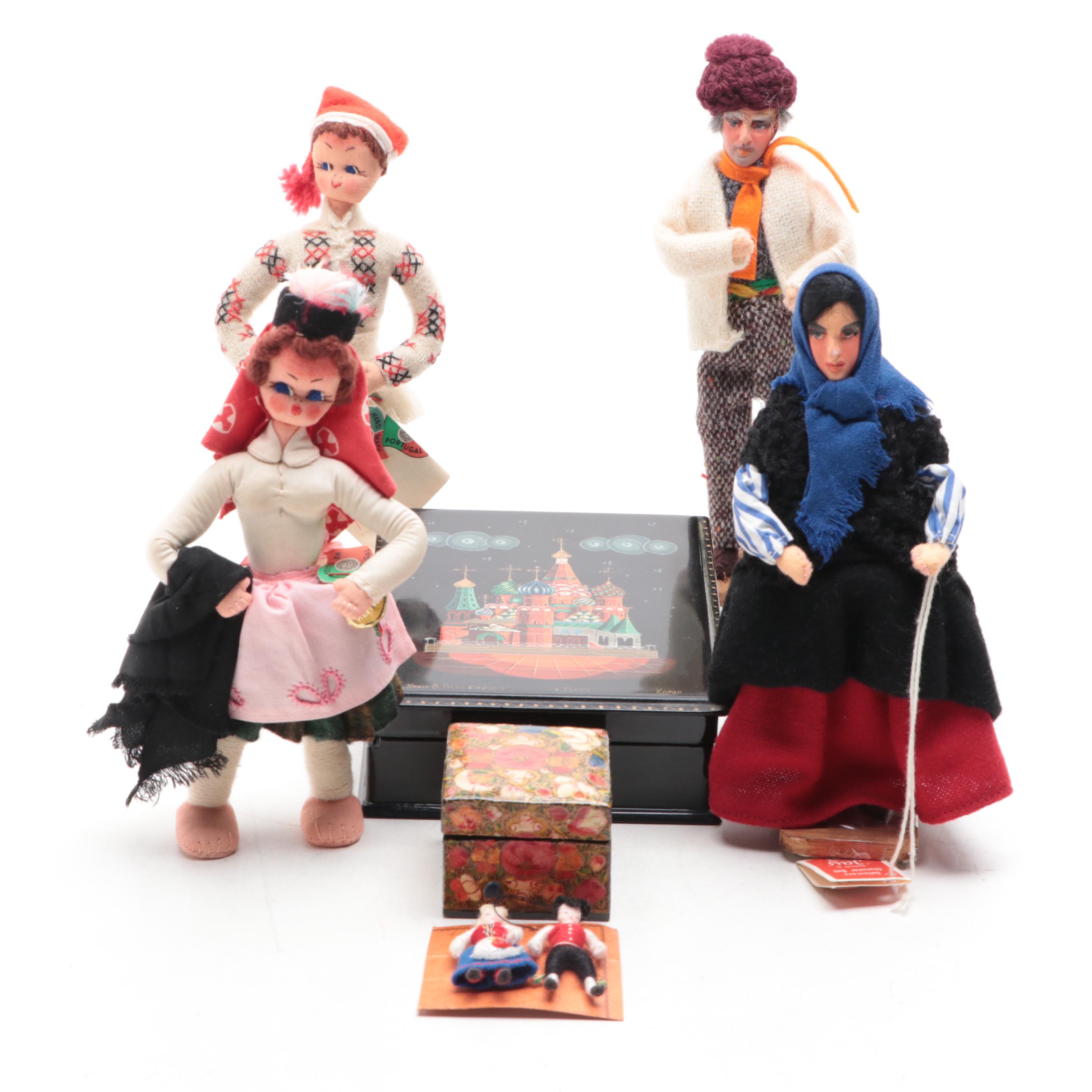 Russian Lacquerware Boxes with Other Folk Art Dolls