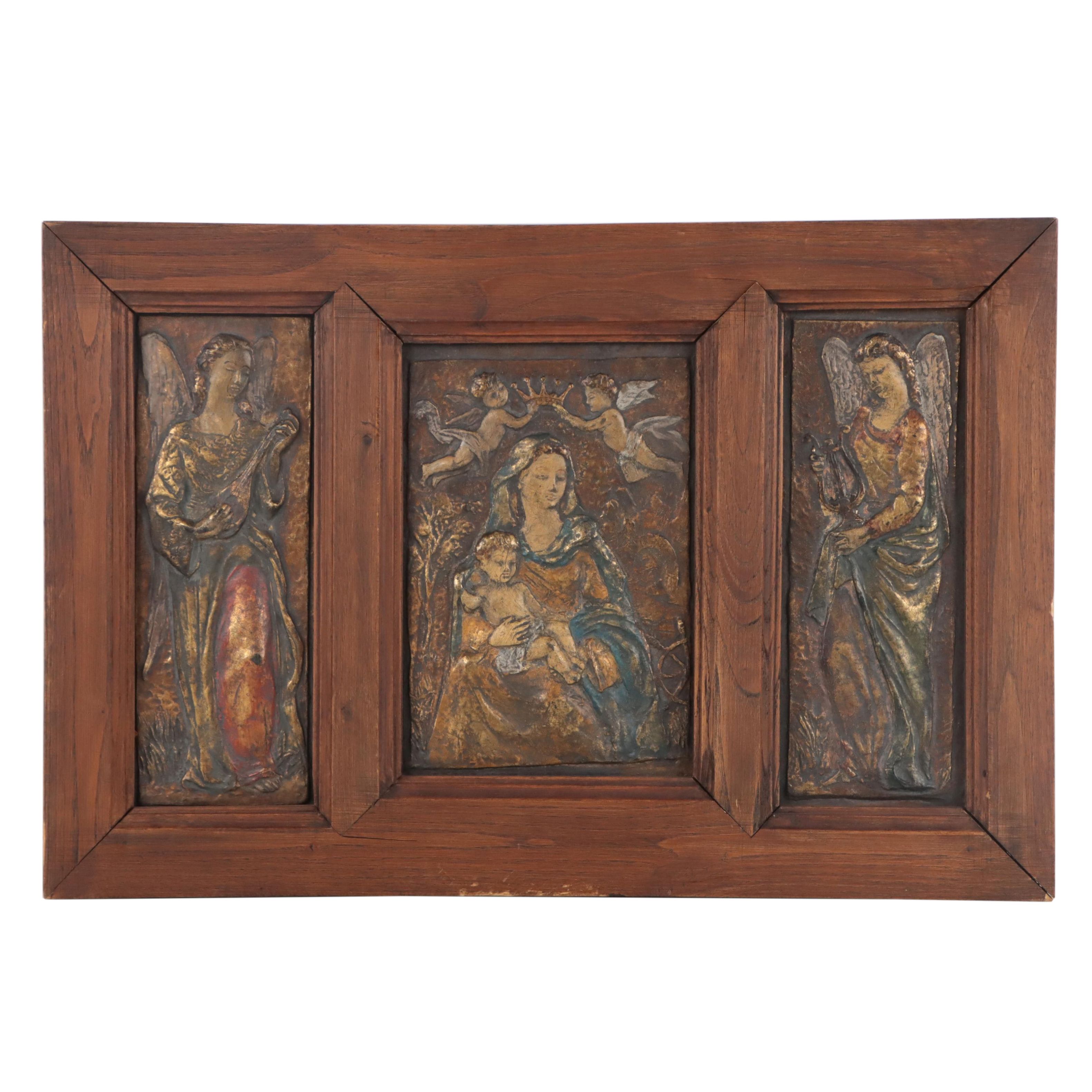 Hand-Painted Cast Metal Reliefs of Madonna & Child Flanked by Angels