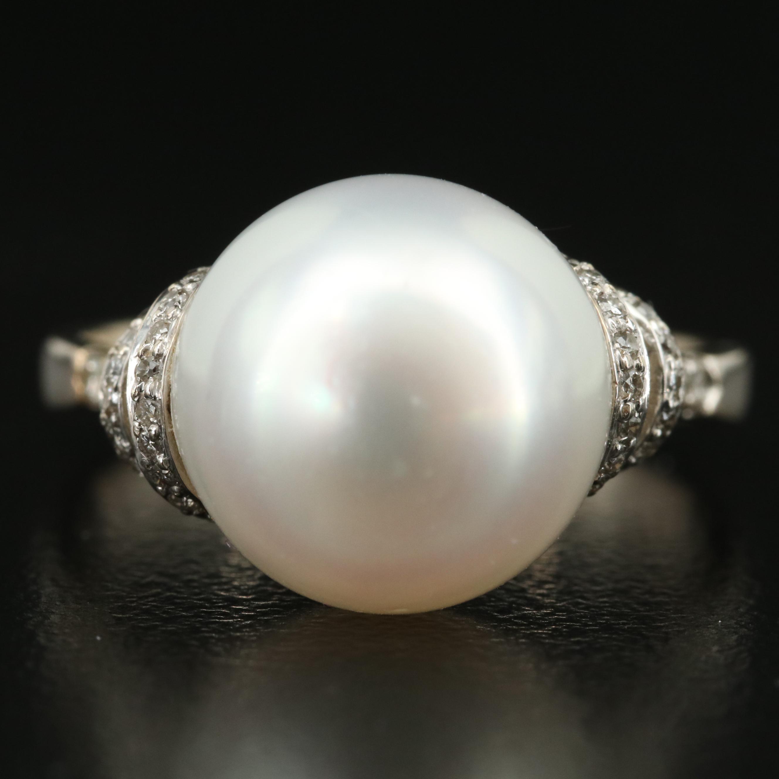 Vintage 18K 11.75 mm Pearl and Diamond Ring