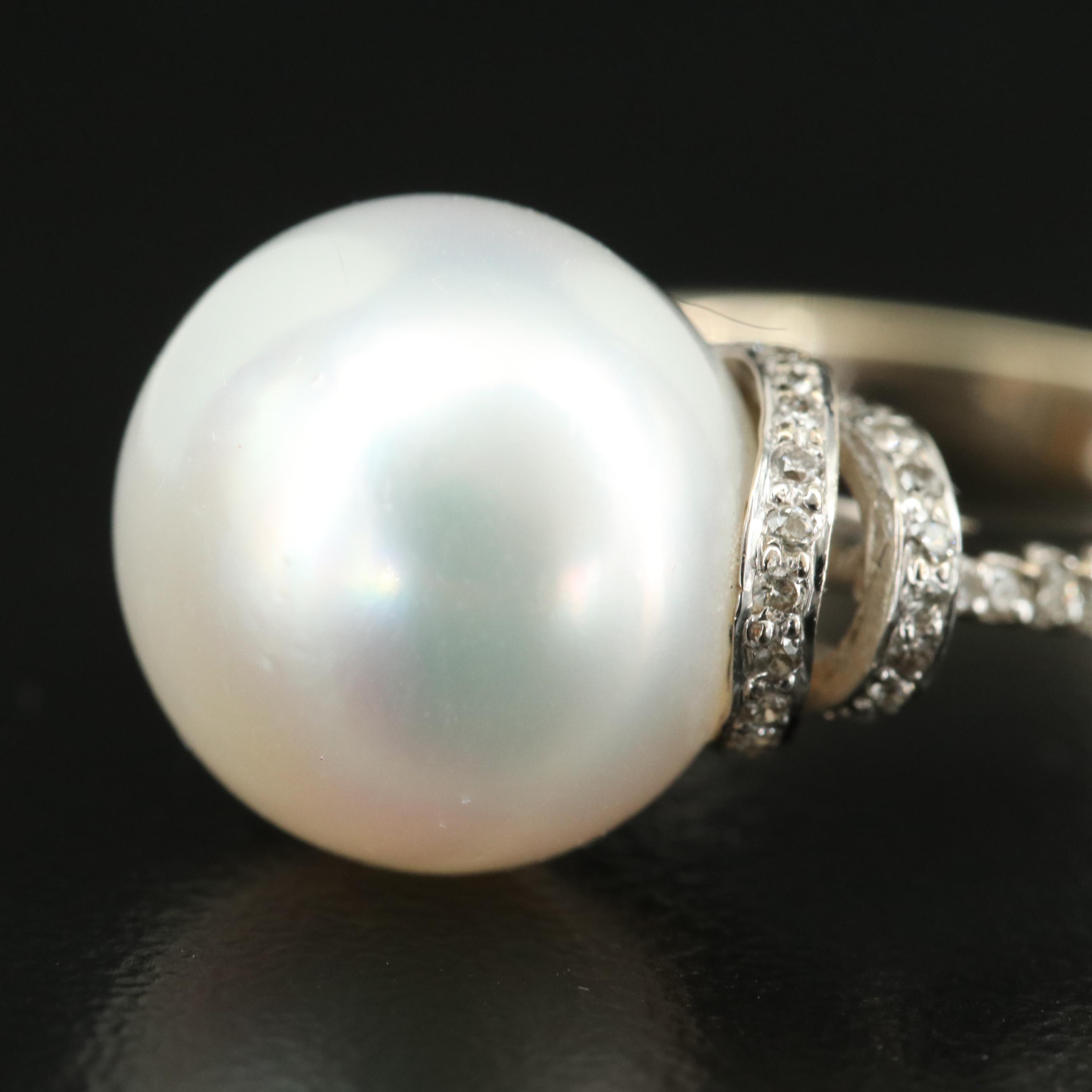 Vintage 18K 11.75 mm Pearl and Diamond Ring