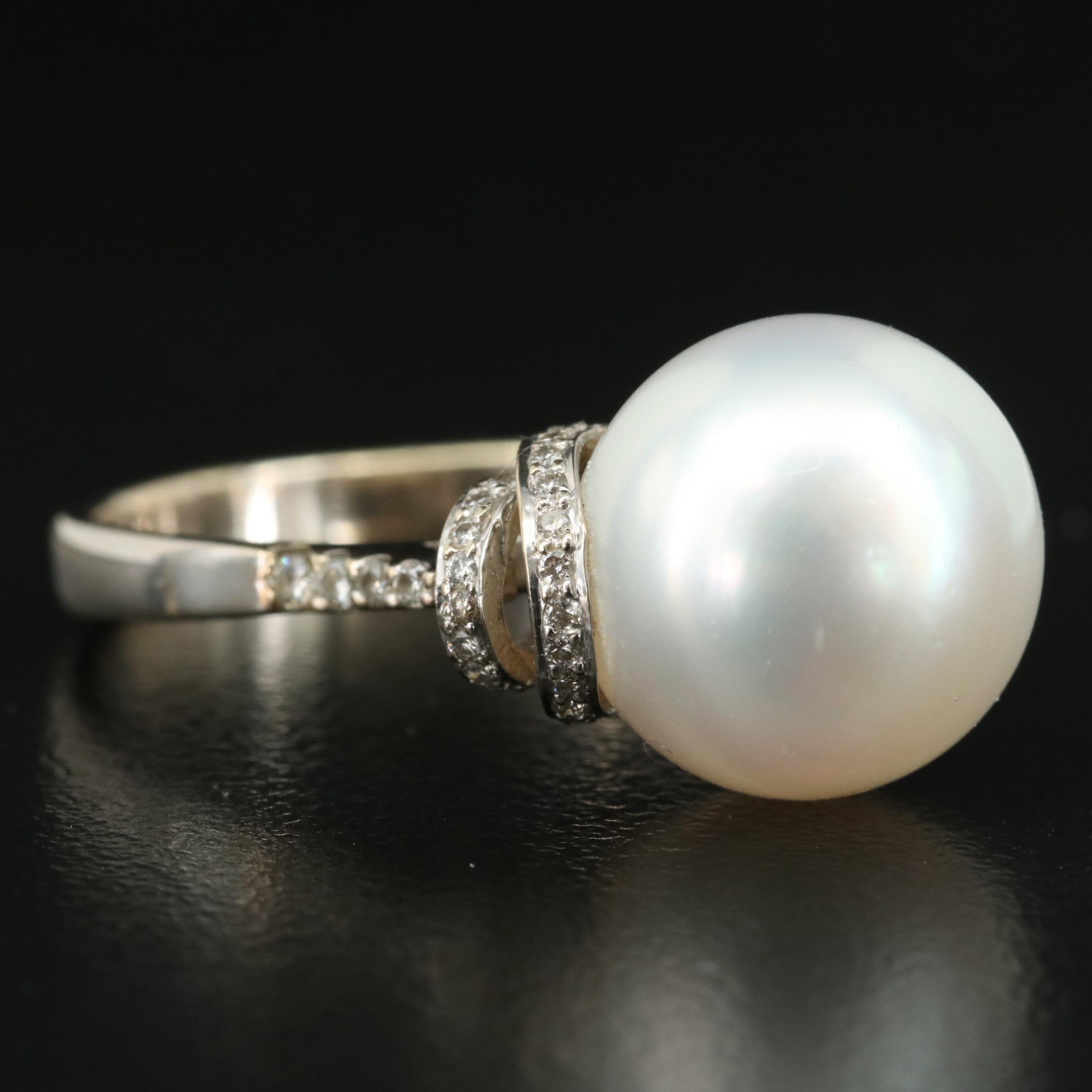 Vintage 18K 11.75 mm Pearl and Diamond Ring