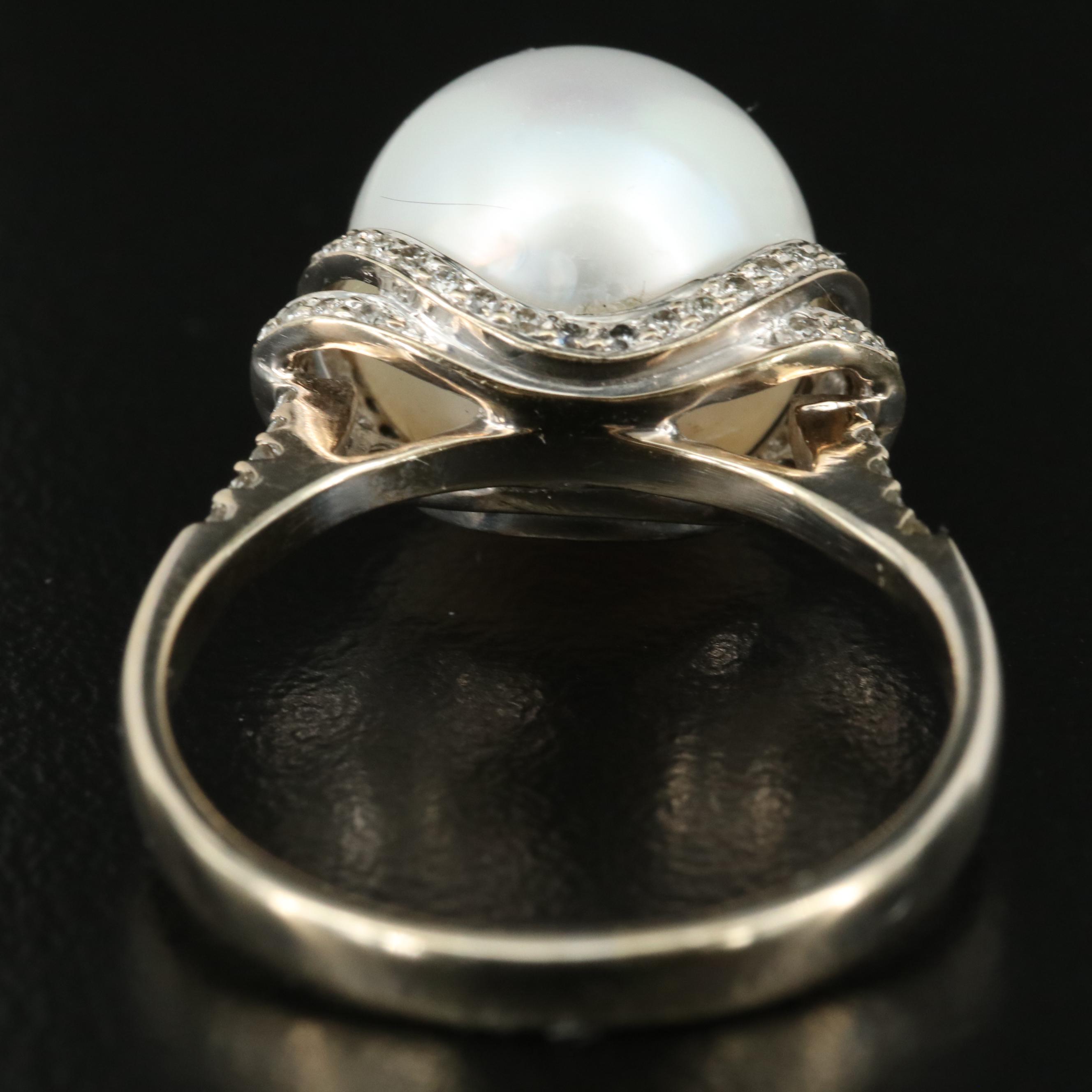 Vintage 18K 11.75 mm Pearl and Diamond Ring