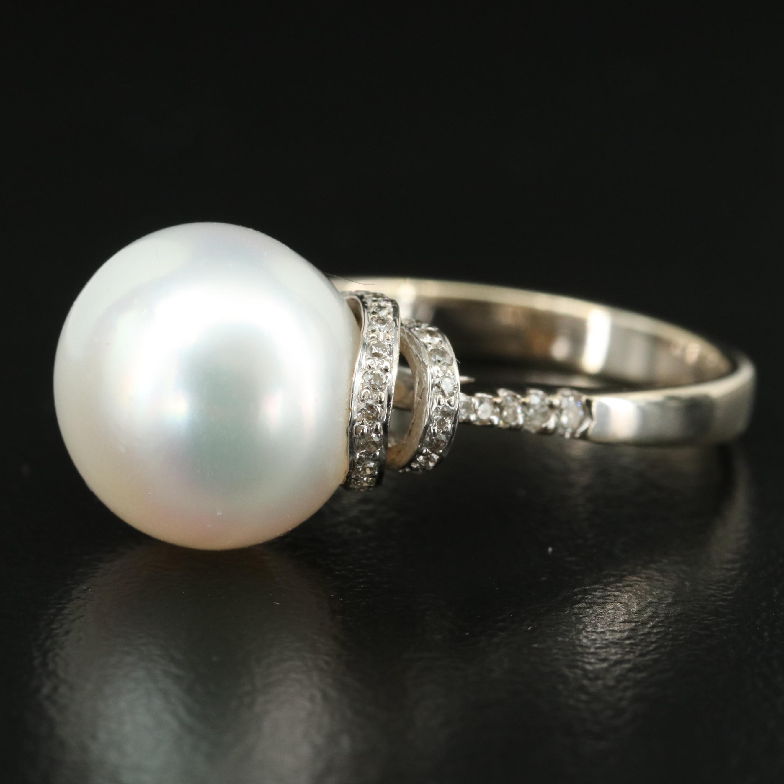 Vintage 18K 11.75 mm Pearl and Diamond Ring