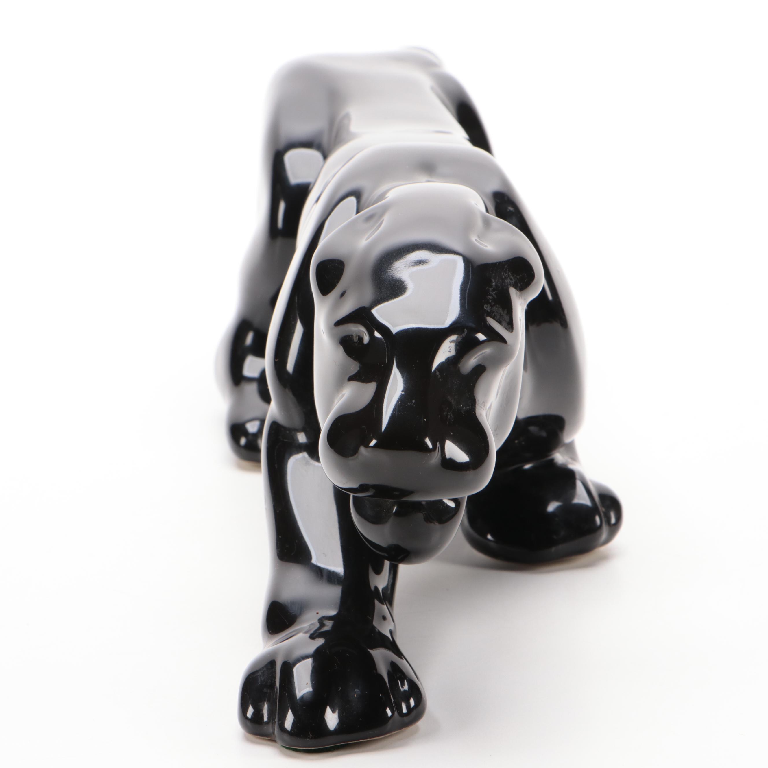 Mid Century Modern Black Glazed Ceramic Panther Figurine