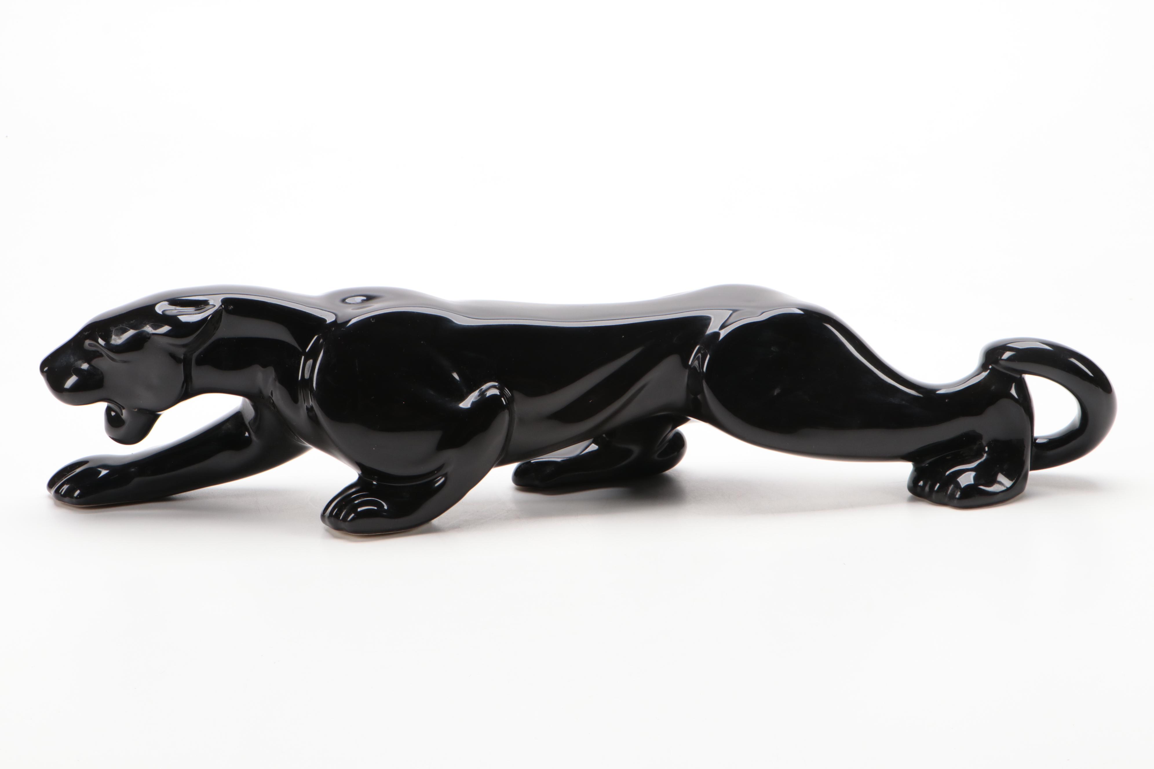 Mid Century Modern Black Glazed Ceramic Panther Figurine