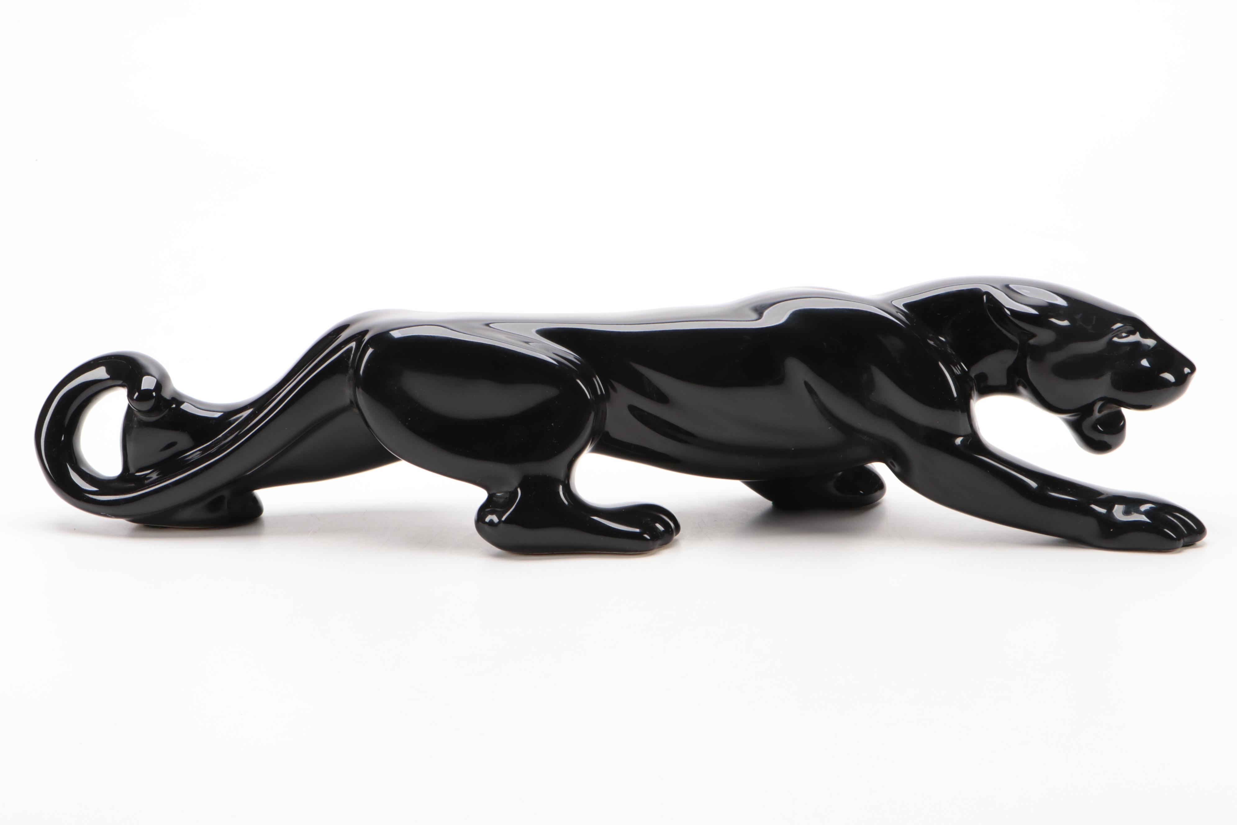 Mid Century Modern Black Glazed Ceramic Panther Figurine