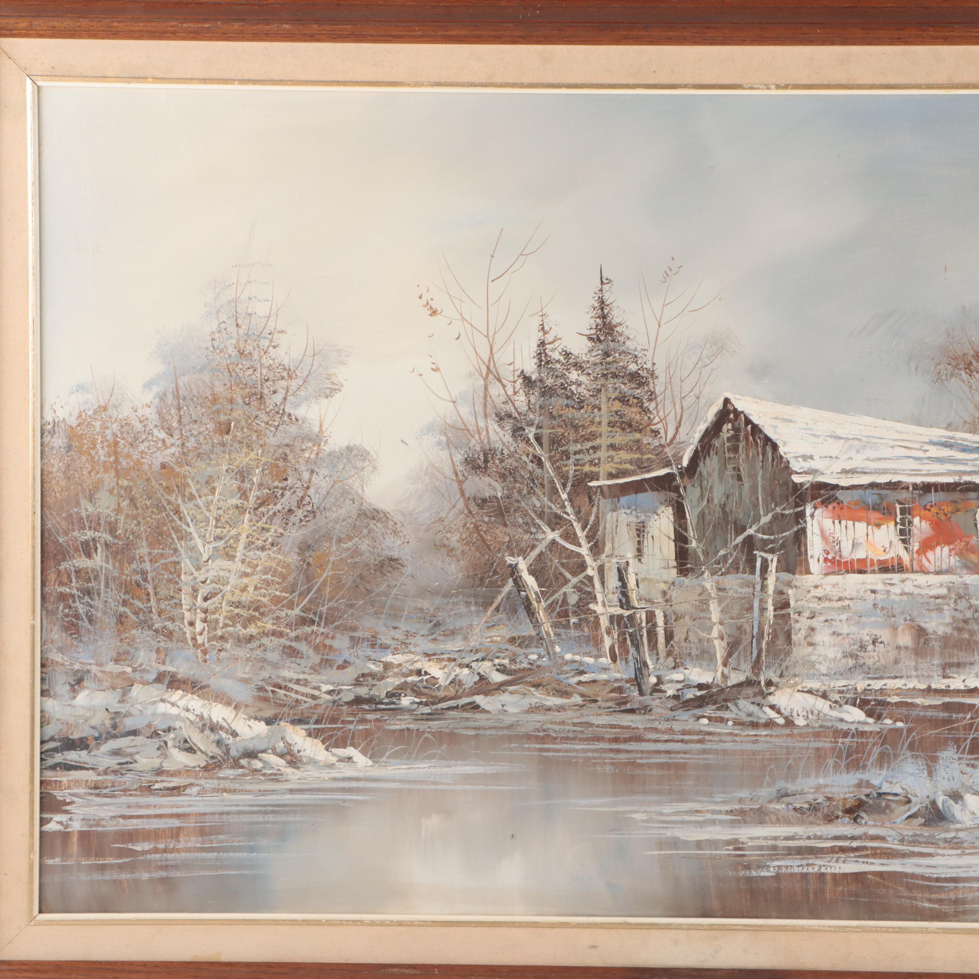 Oil Painting of Winter River Landscape