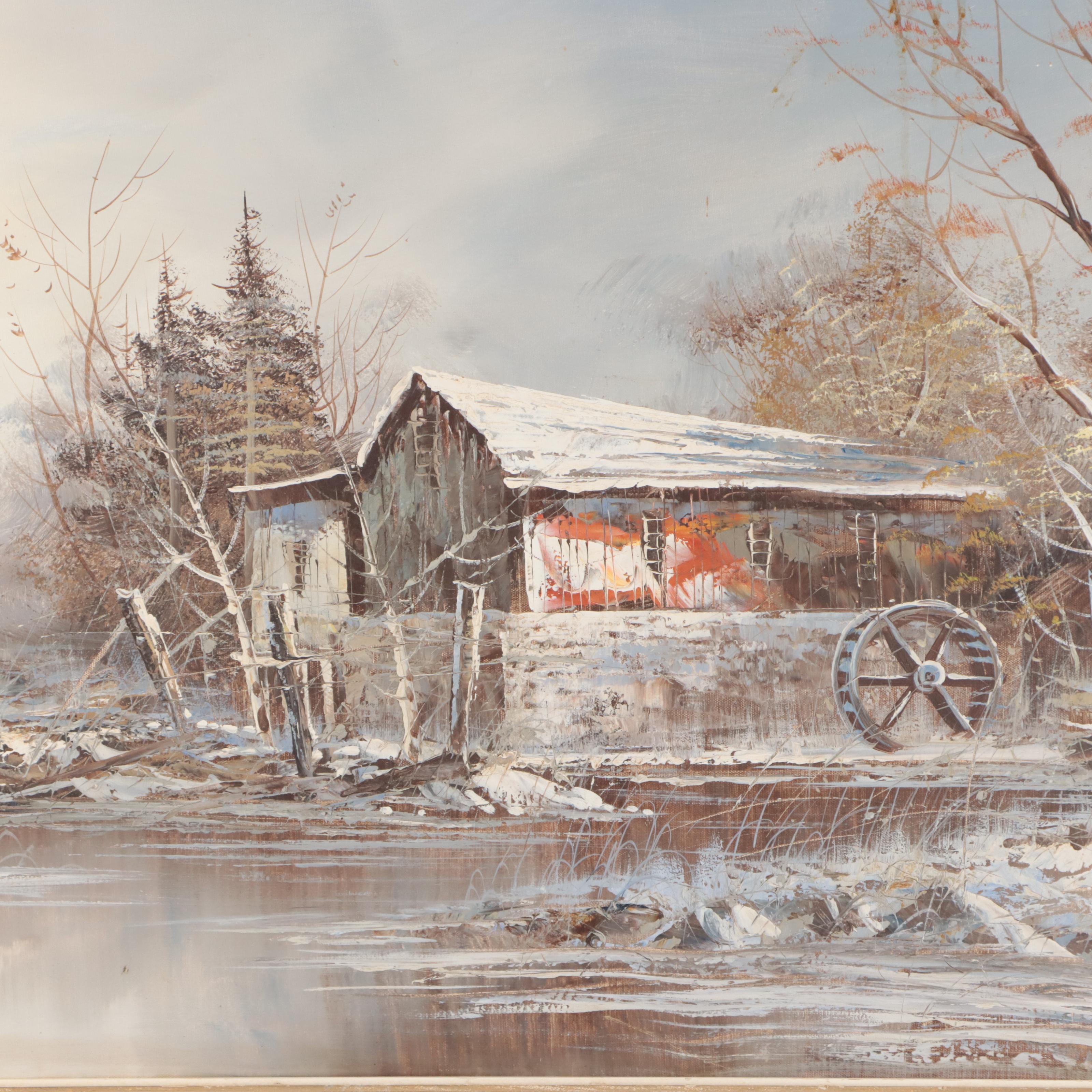 Oil Painting of Winter River Landscape
