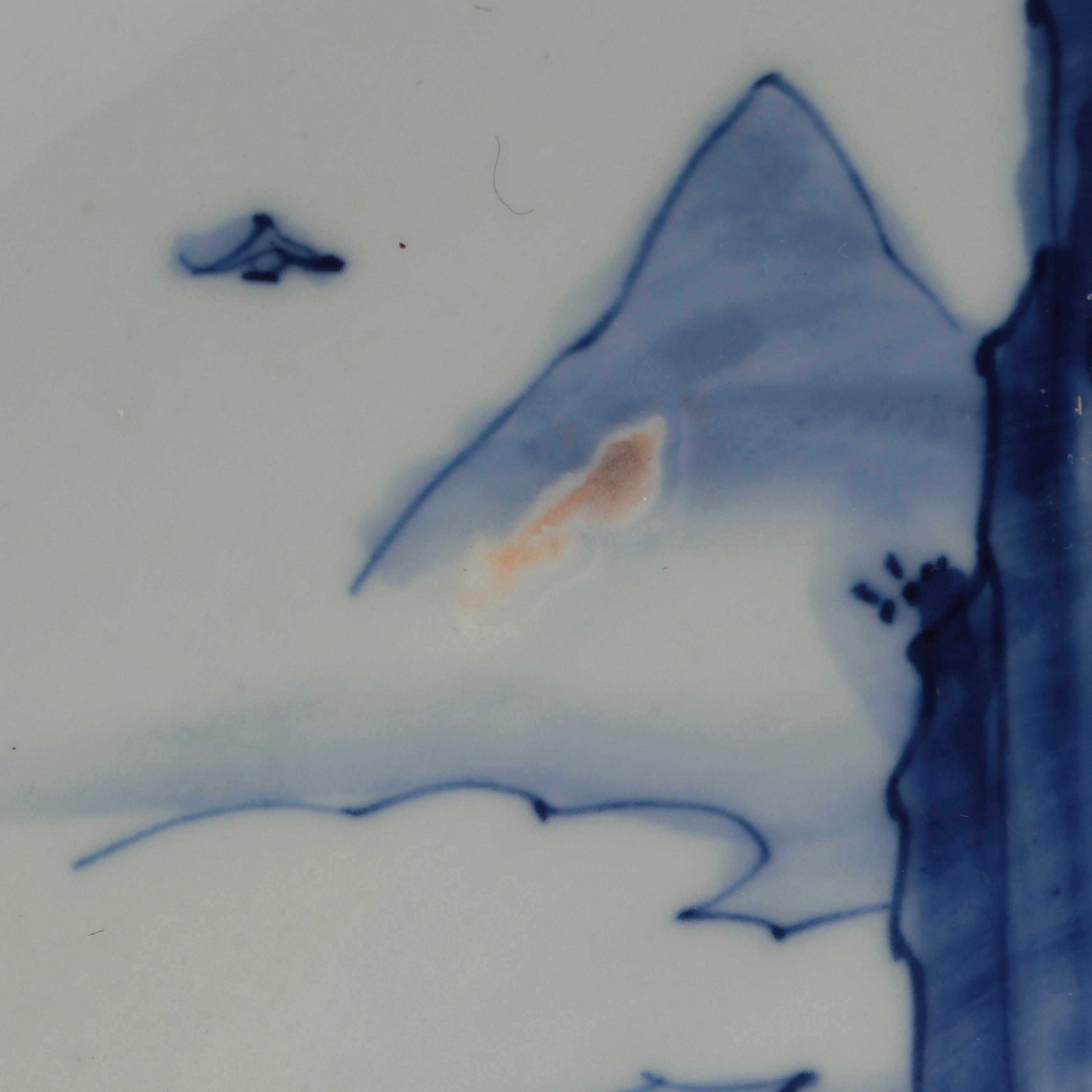 Japanese Blue and White Platter with Carved Meander Presentation Stand