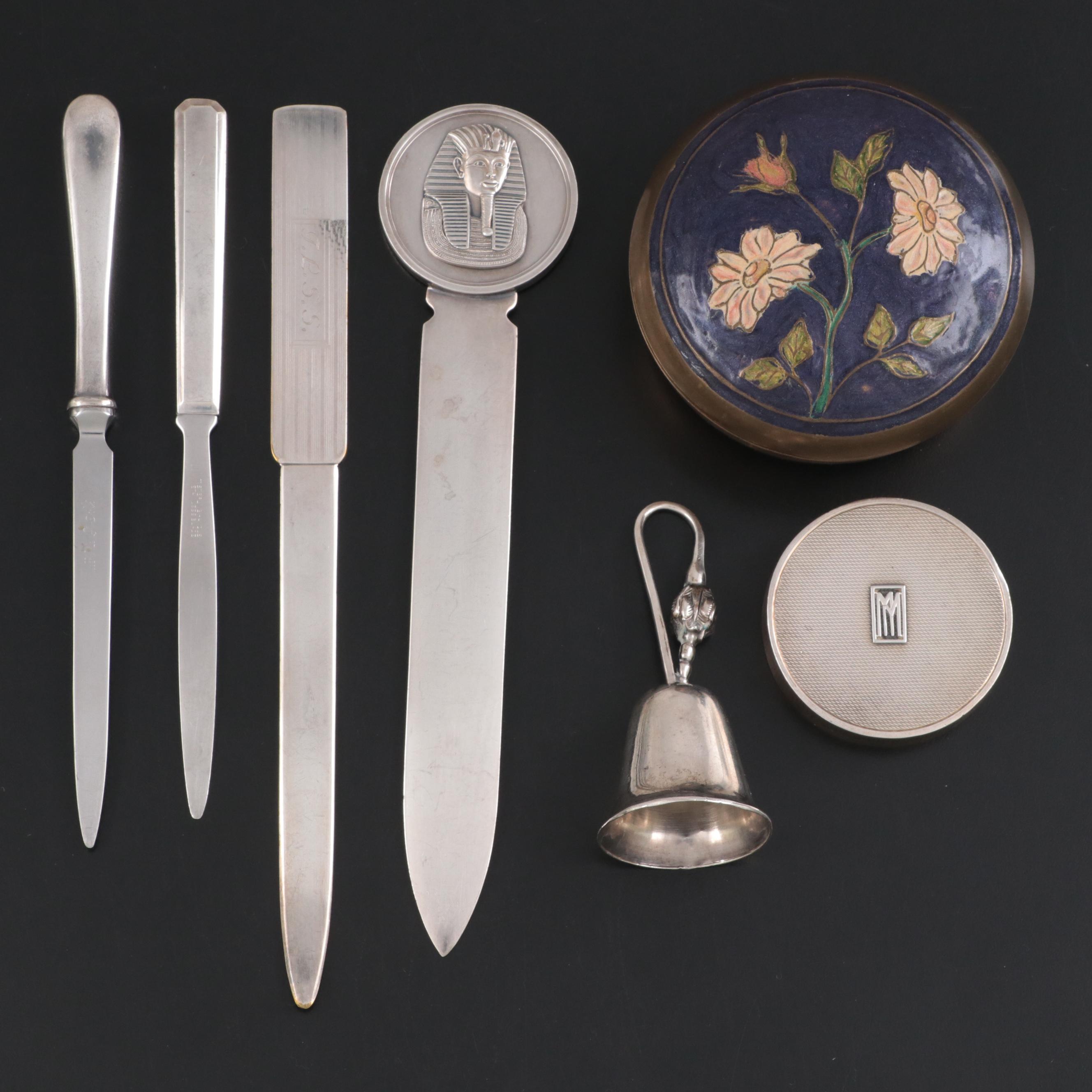 Christofle and Other Letter Openers with Sterling and Brass Bell and Boxes