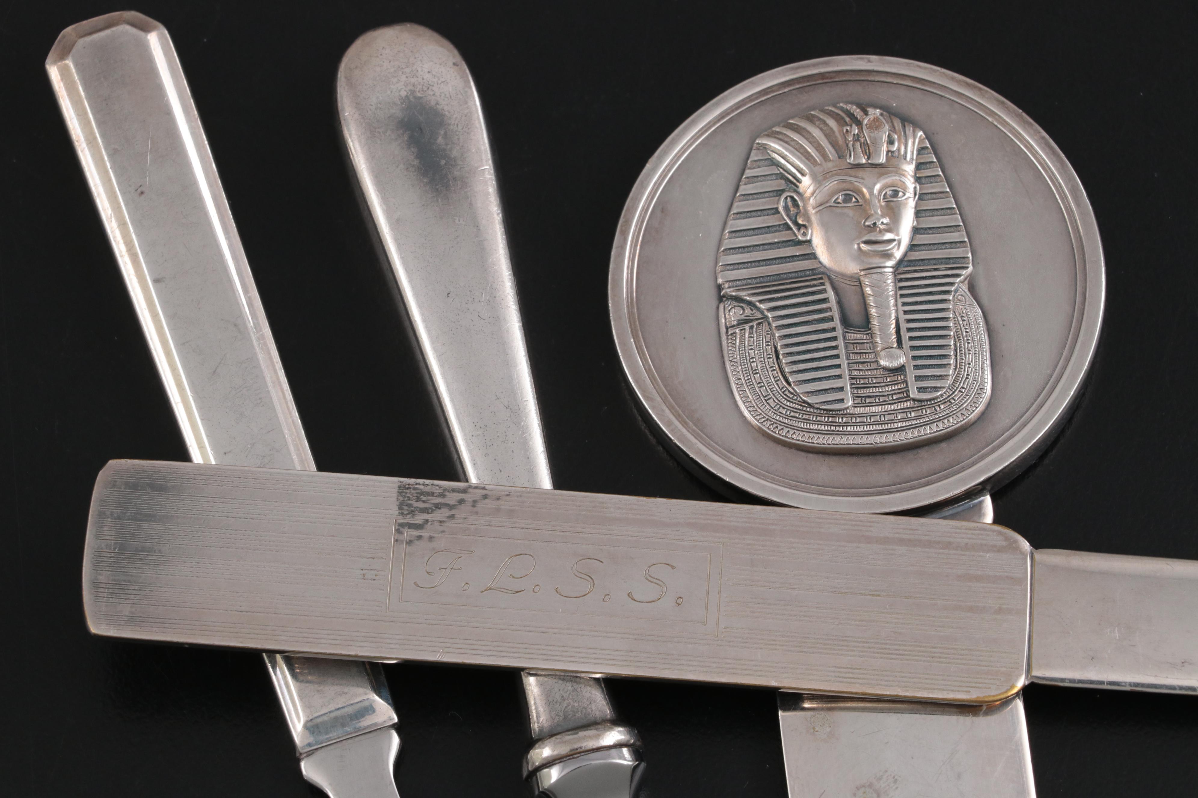 Christofle and Other Letter Openers with Sterling and Brass Bell and Boxes