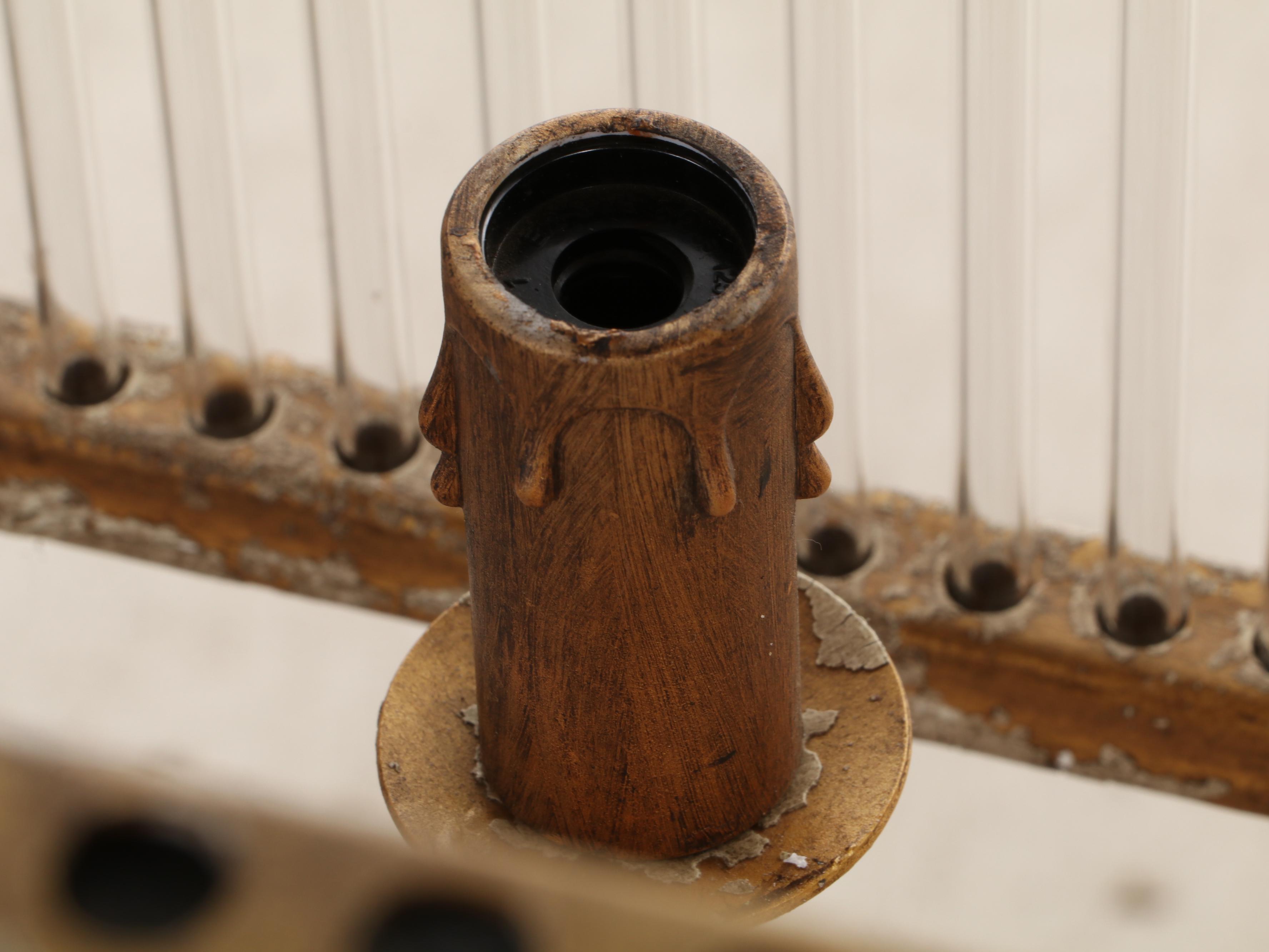 Distressed Gilt Metal and Pressed Glass Linear Chandelier
