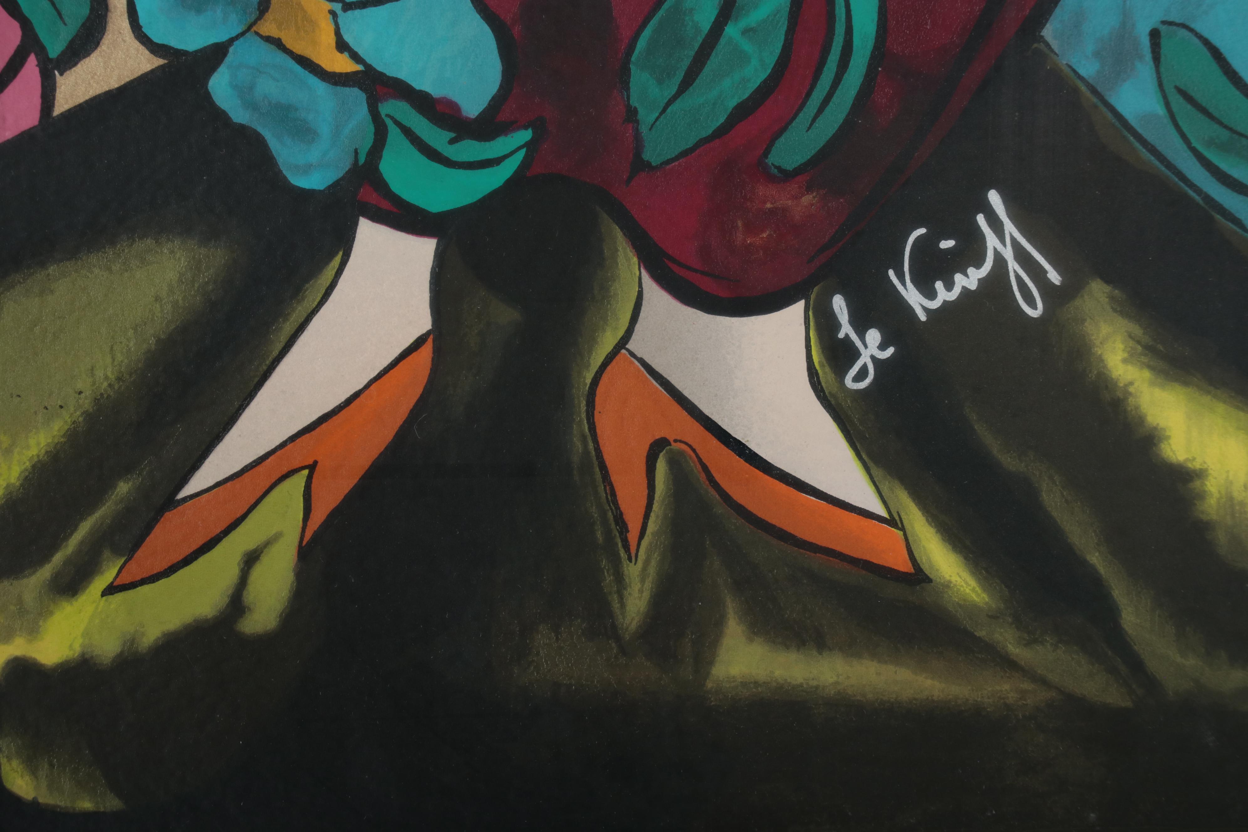 Linda LeKinff Serigraph of Standing Woman With Hat and Flowers