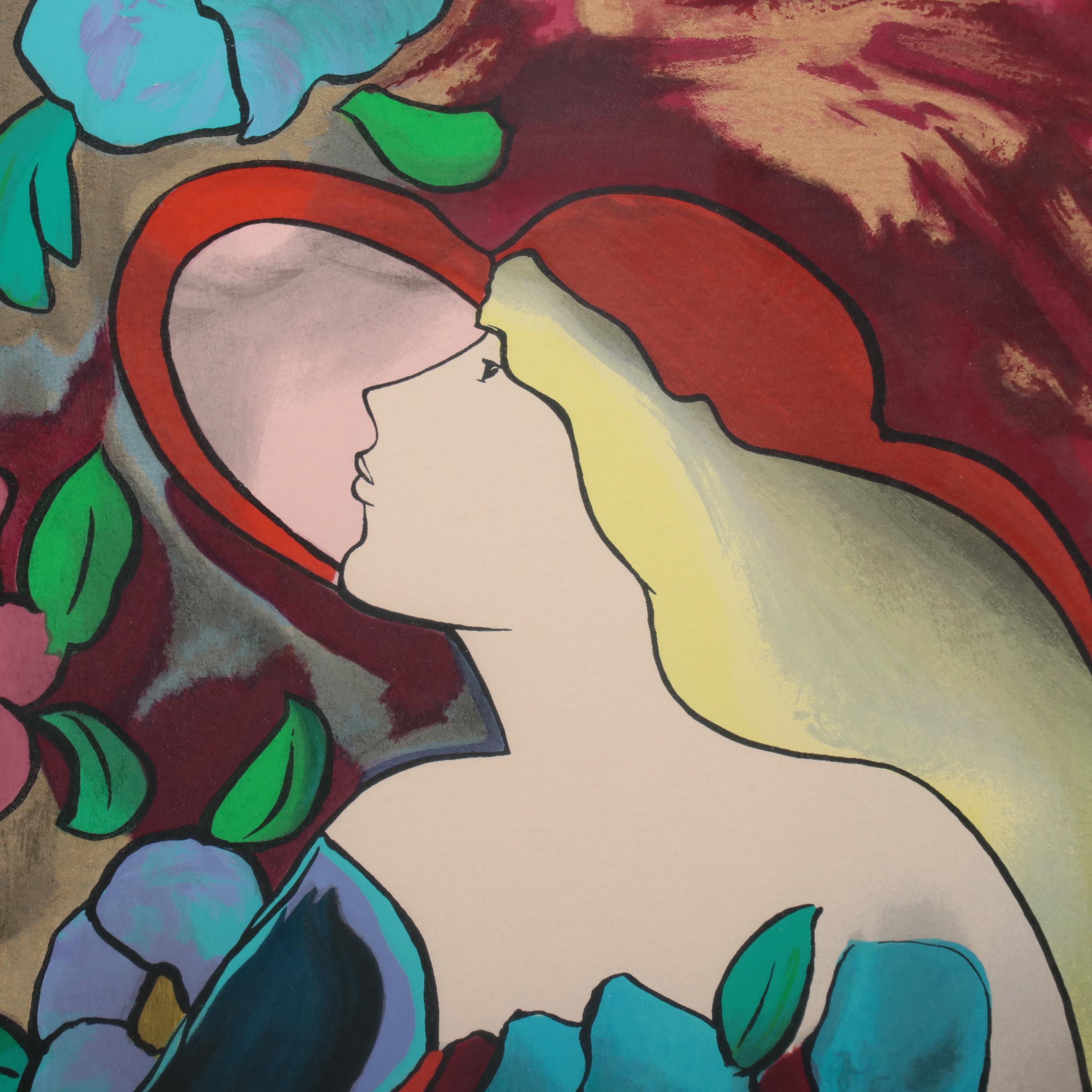 Linda LeKinff Serigraph of Standing Woman With Hat and Flowers