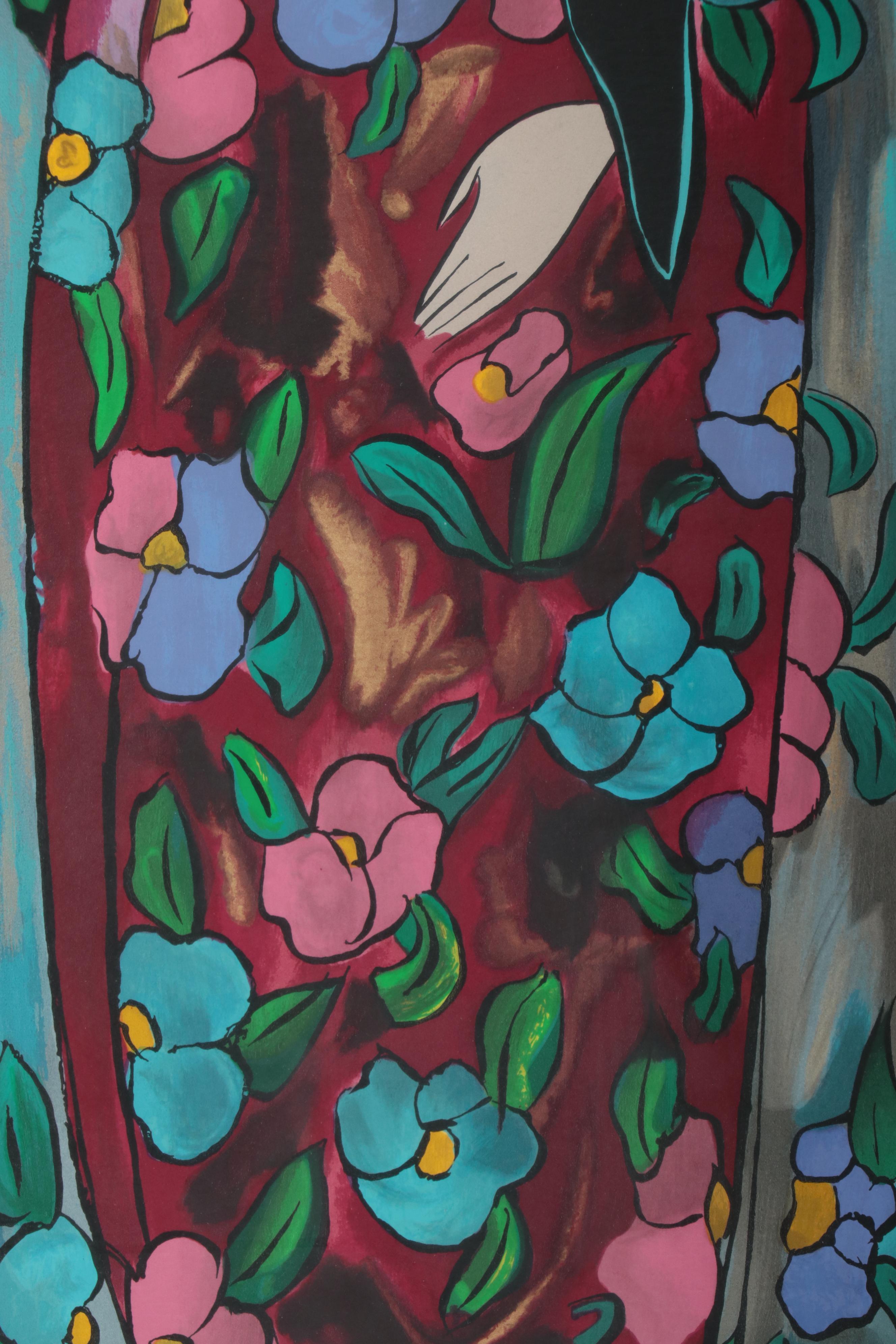 Linda LeKinff Serigraph of Standing Woman With Hat and Flowers