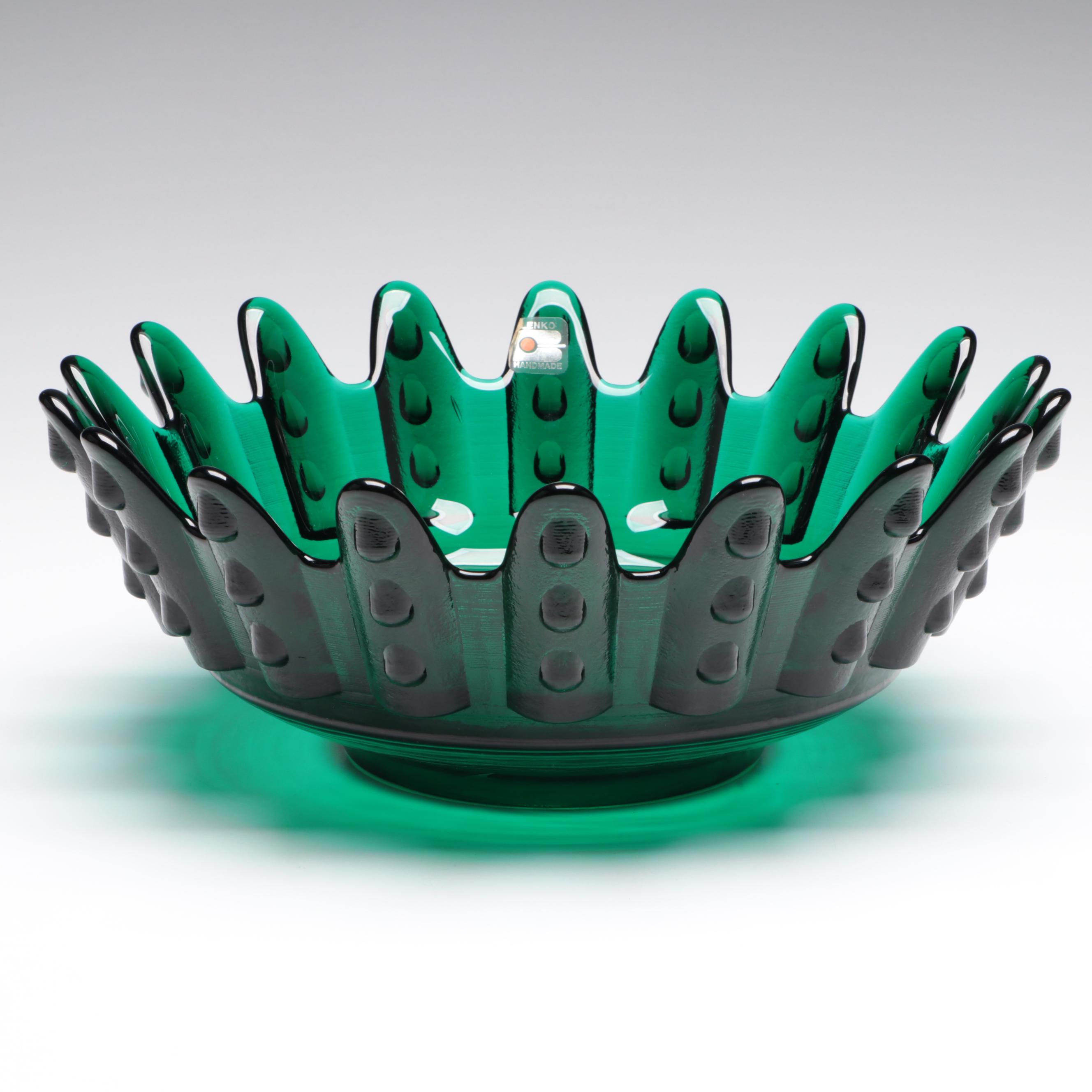 Blenko Handmade Green Glass Centerpiece Bowl and Pitcher