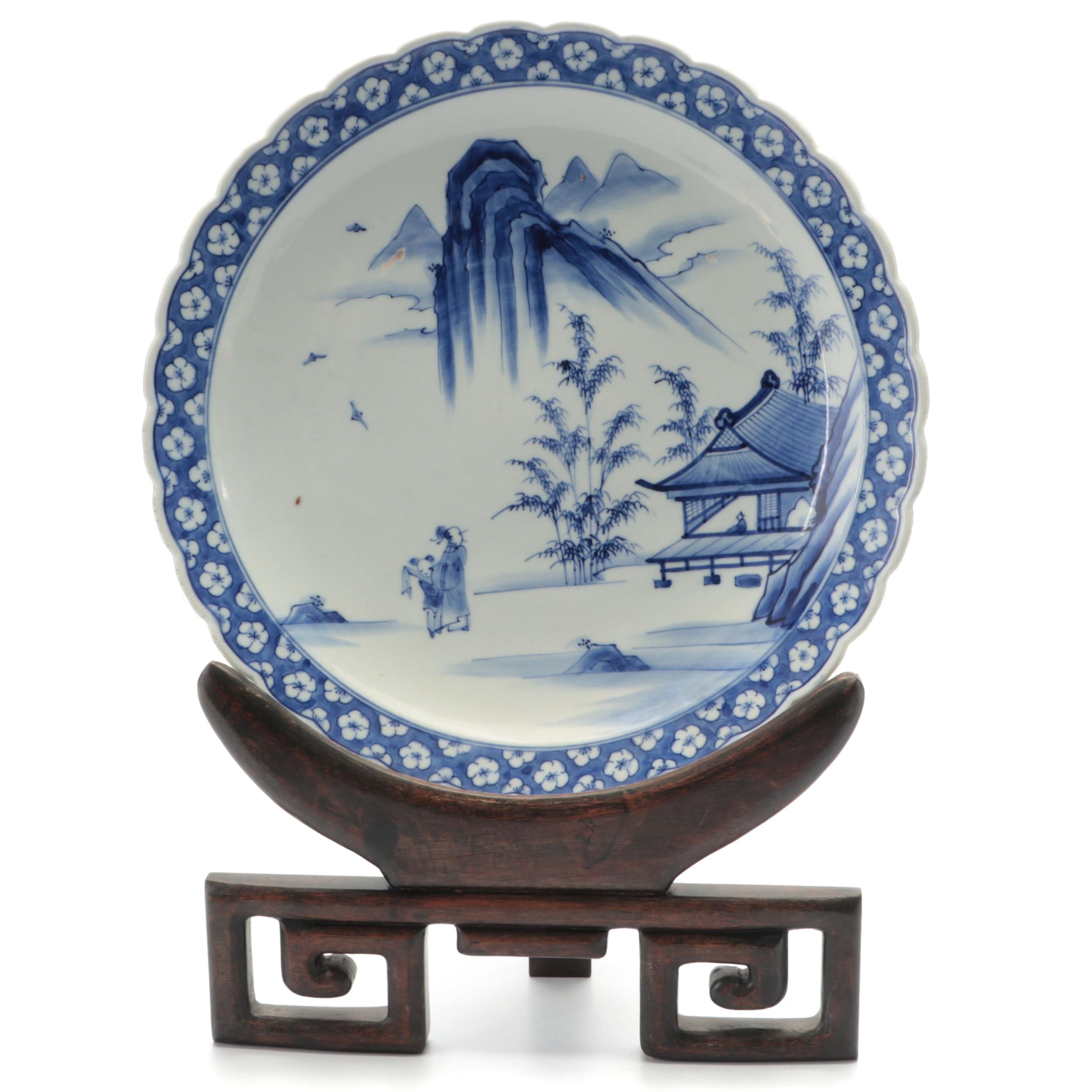 Japanese Blue and White Platter with Carved Meander Presentation Stand