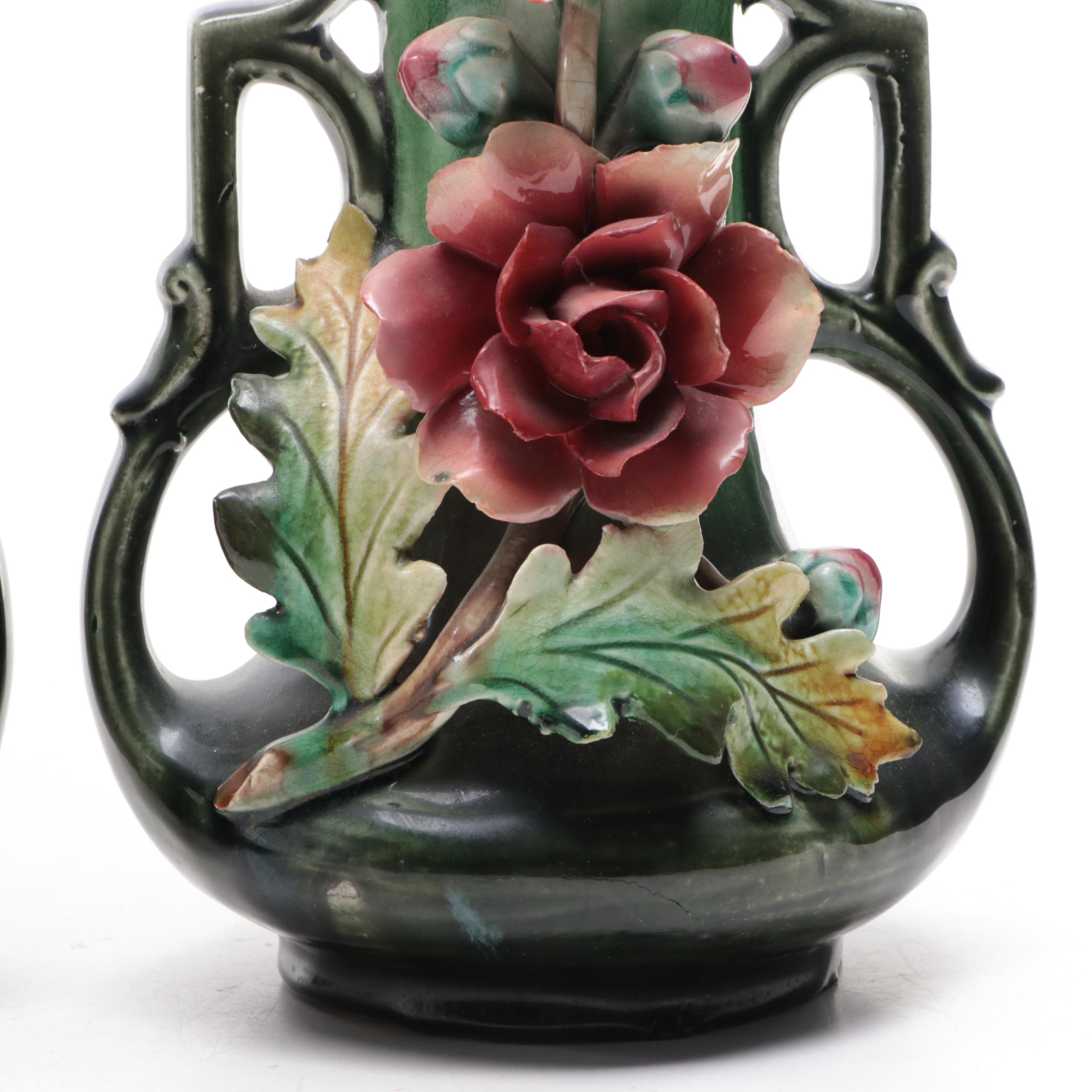 Pair of Continental European Barbotine Majolica Handled Vases, Early 20th C.