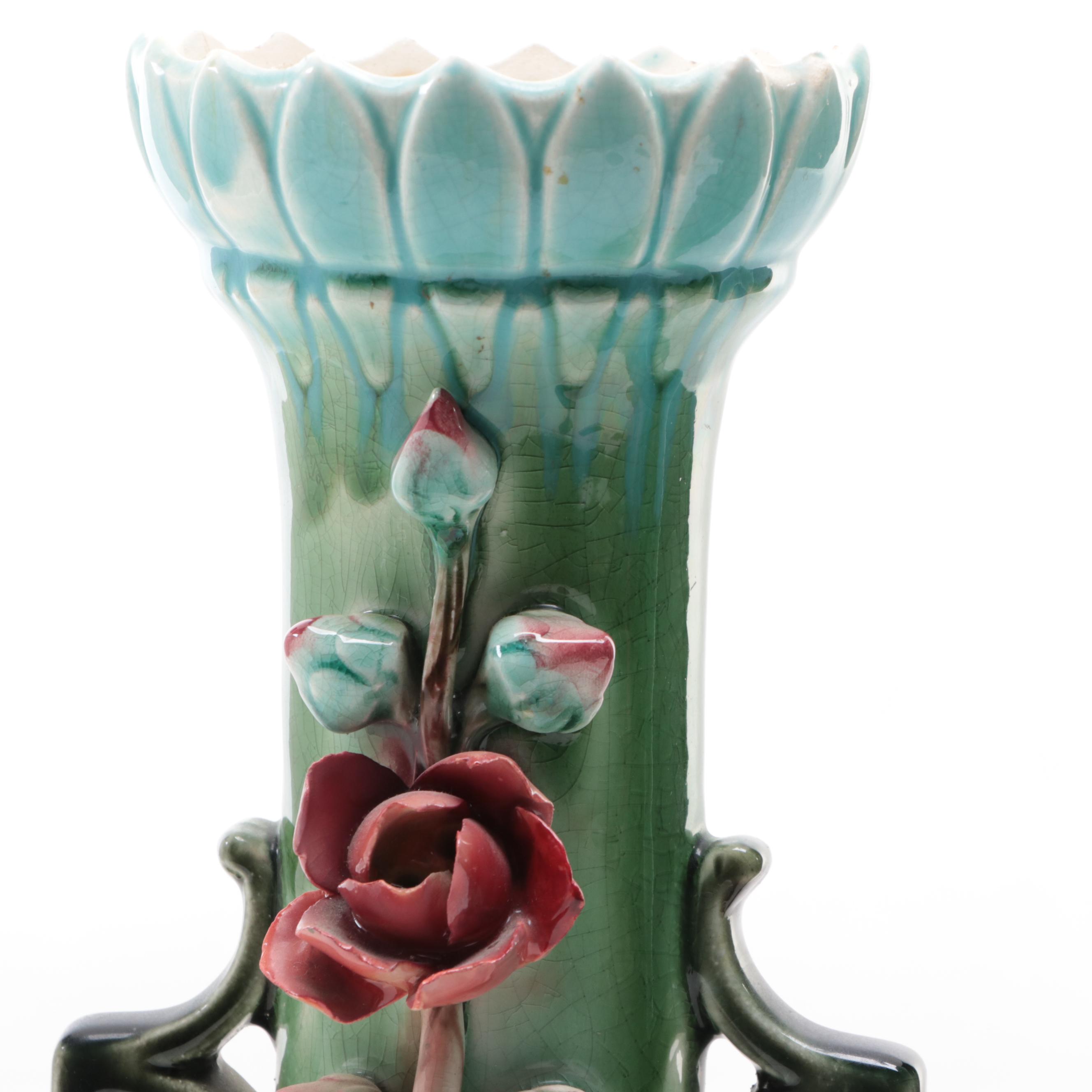Pair of Continental European Barbotine Majolica Handled Vases, Early 20th C.