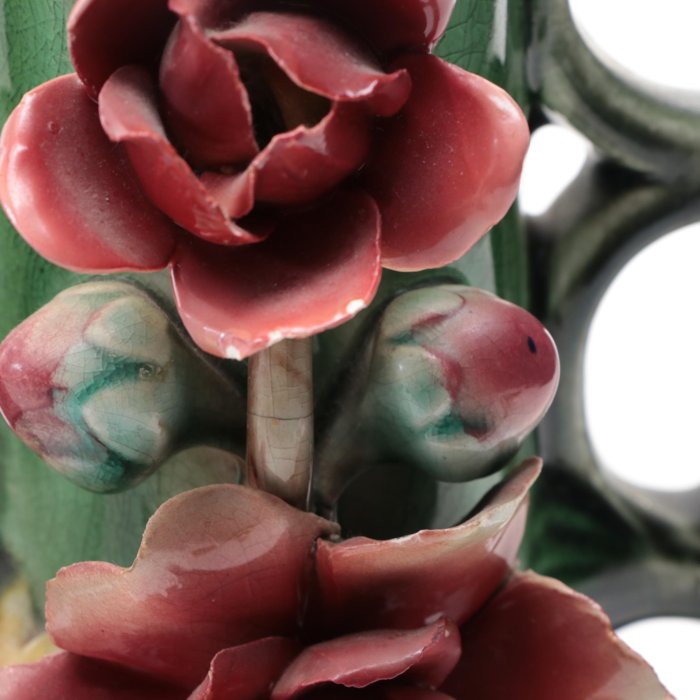 Pair of Continental European Barbotine Majolica Handled Vases, Early 20th C.