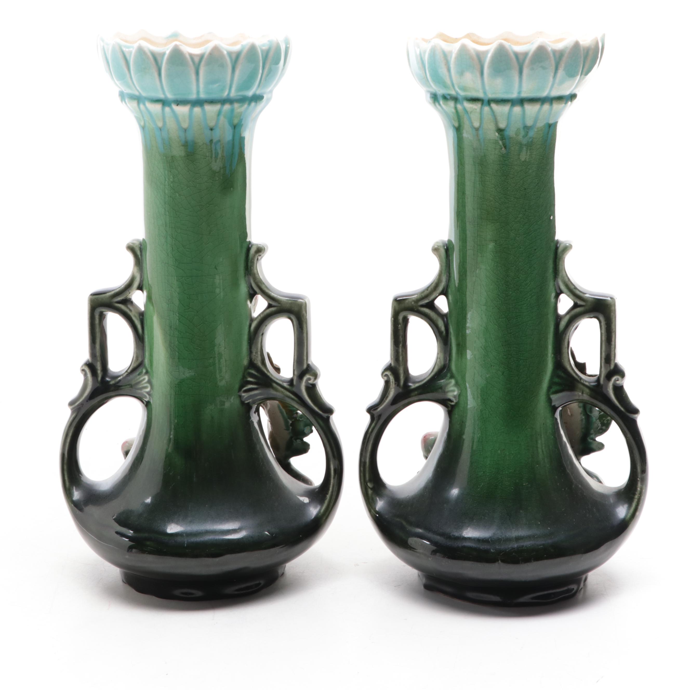 Pair of Continental European Barbotine Majolica Handled Vases, Early 20th C.