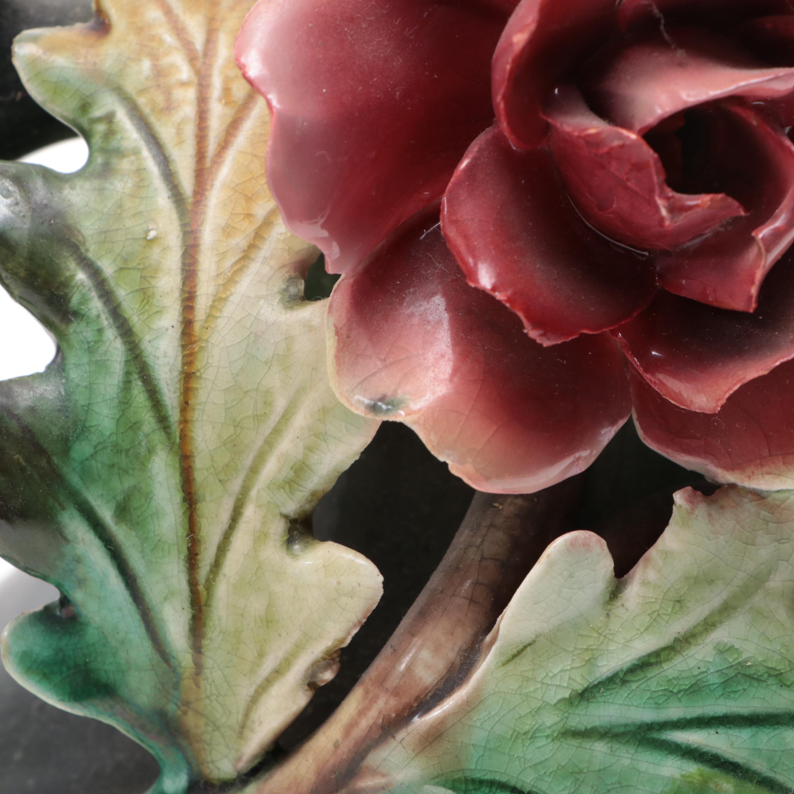 Pair of Continental European Barbotine Majolica Handled Vases, Early 20th C.