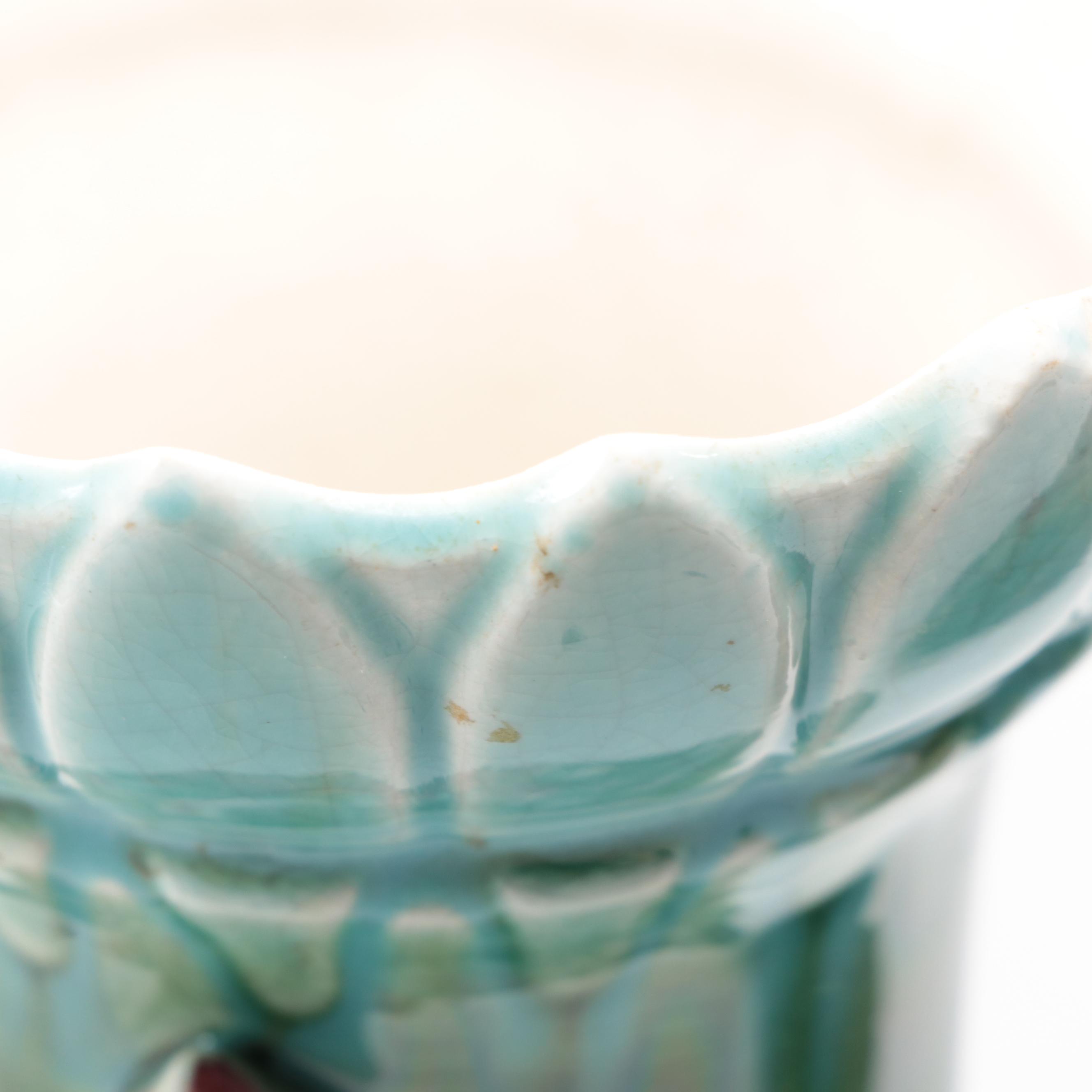 Pair of Continental European Barbotine Majolica Handled Vases, Early 20th C.