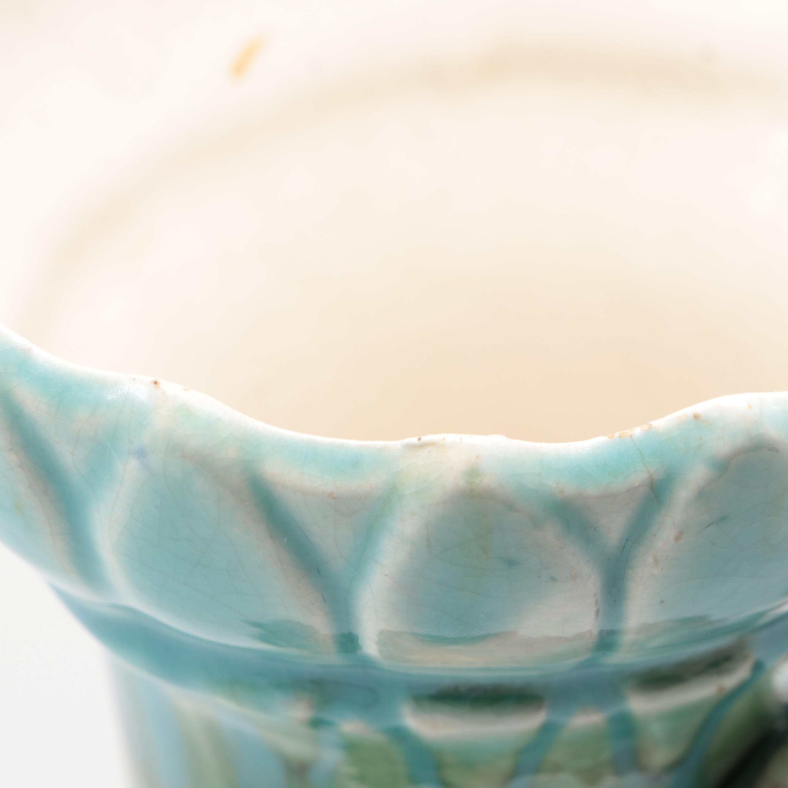 Pair of Continental European Barbotine Majolica Handled Vases, Early 20th C.