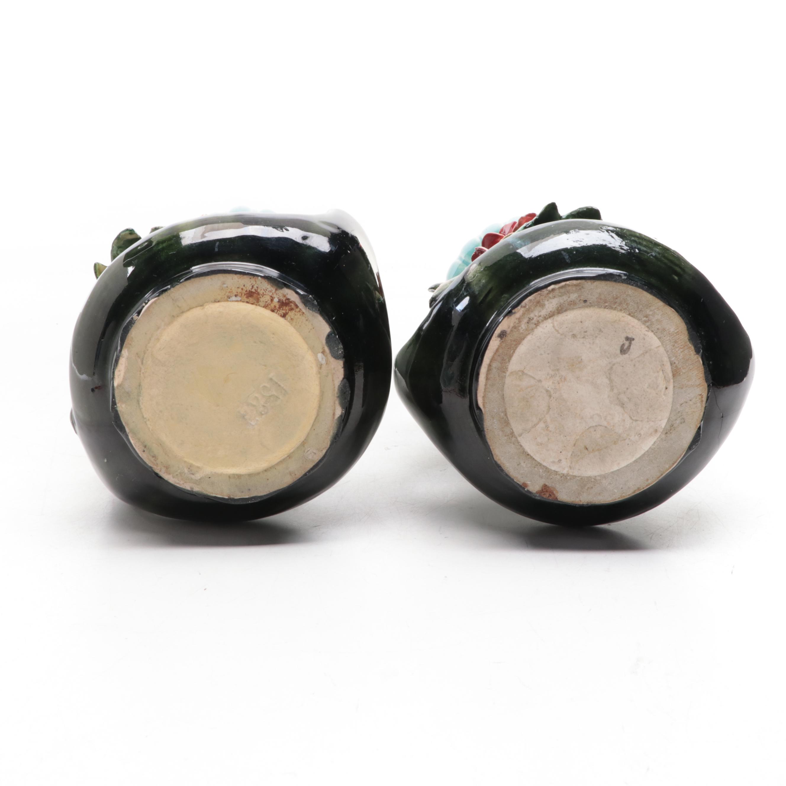 Pair of Continental European Barbotine Majolica Handled Vases, Early 20th C.